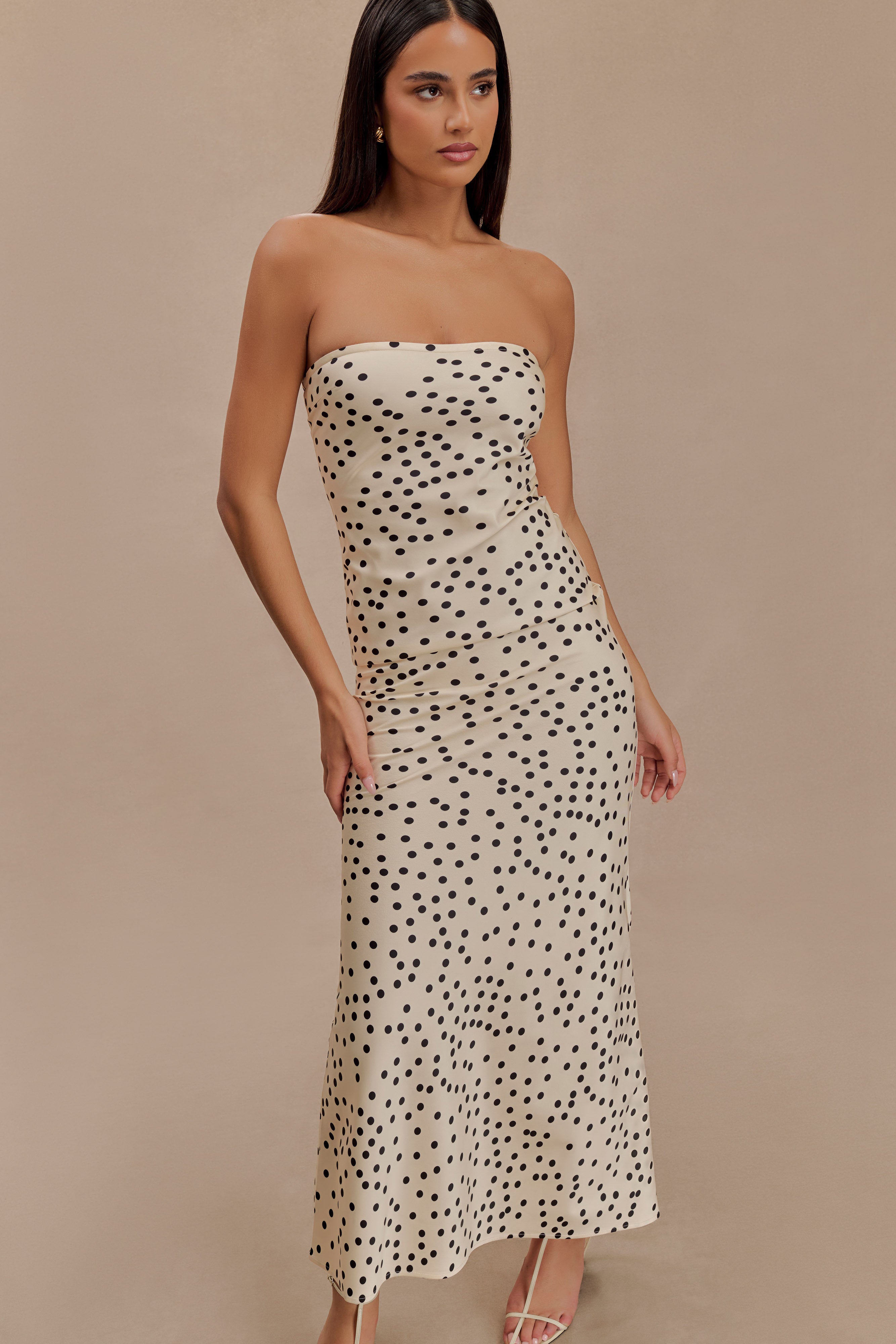 Strapless Satin Maxi Dress with Polka Dot Print | Claudette