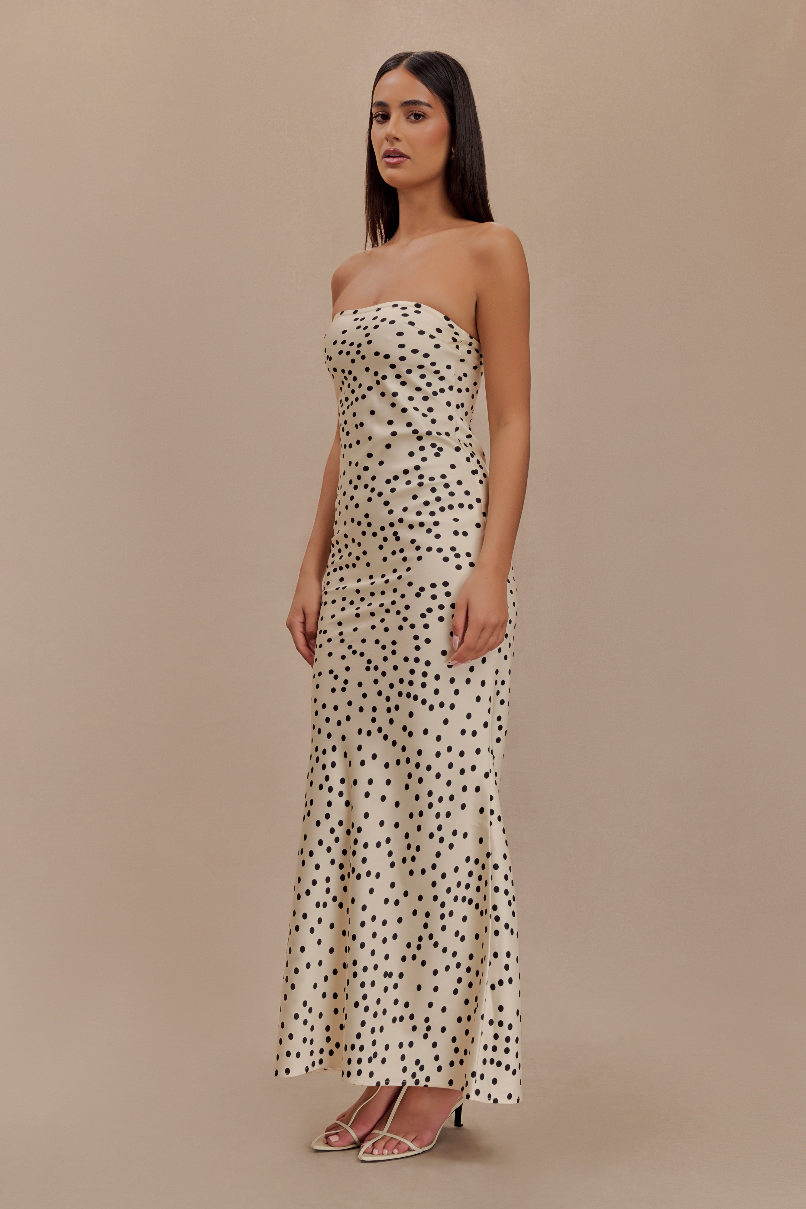 Strapless Satin Maxi Dress with Polka Dot Print | Claudette