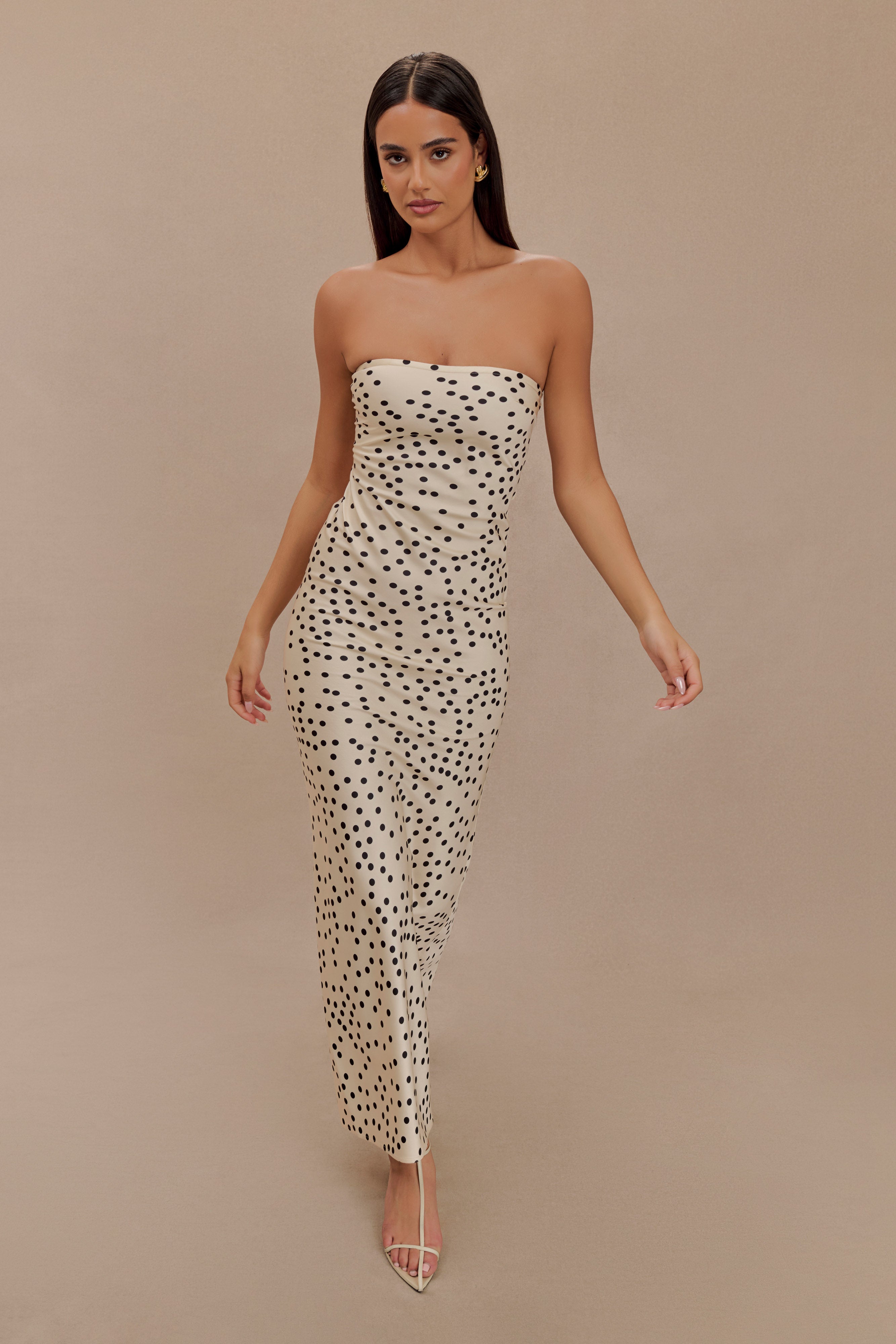 Strapless Satin Maxi Dress with Polka Dot Print | Claudette