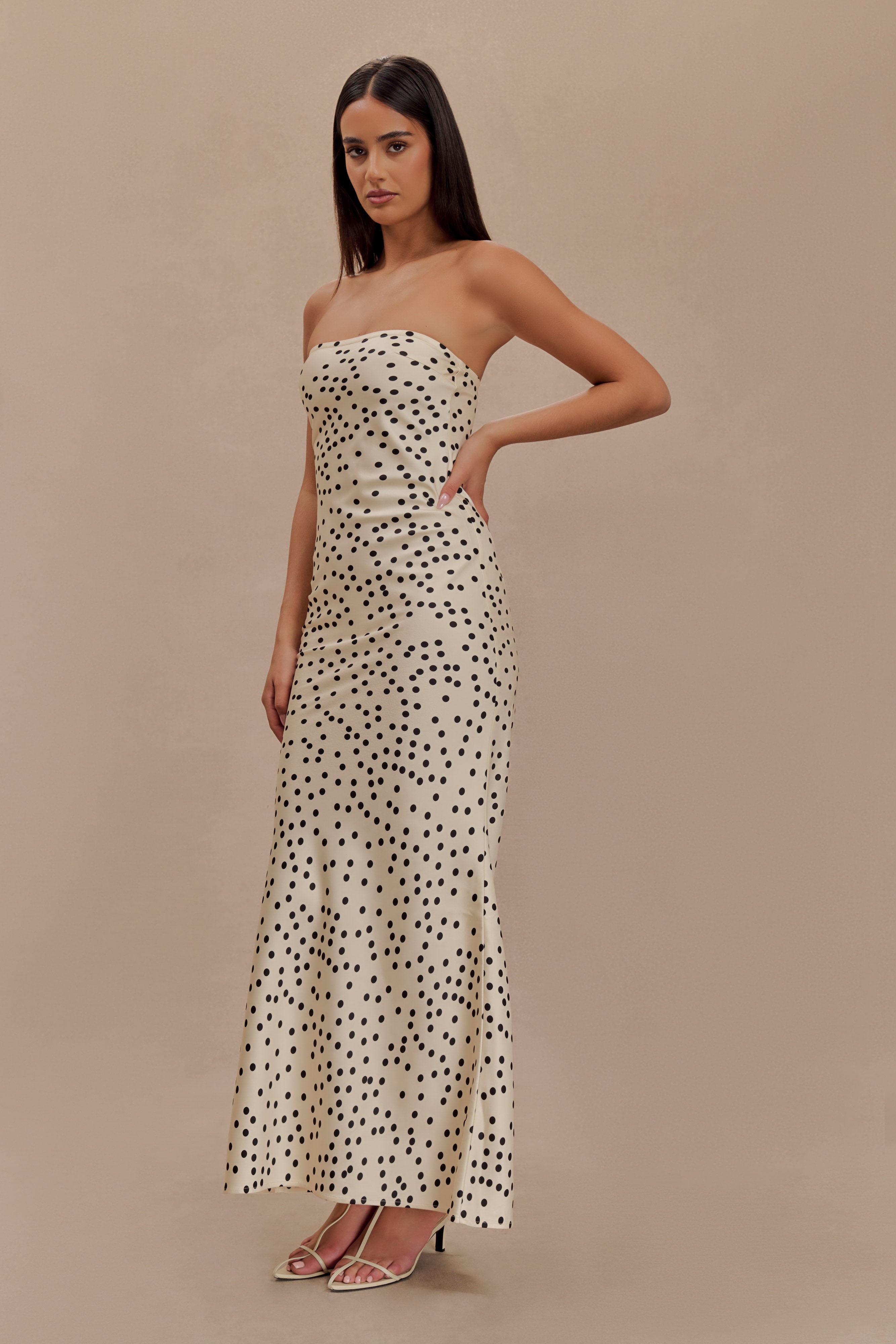 Strapless Satin Maxi Dress with Polka Dot Print | Claudette