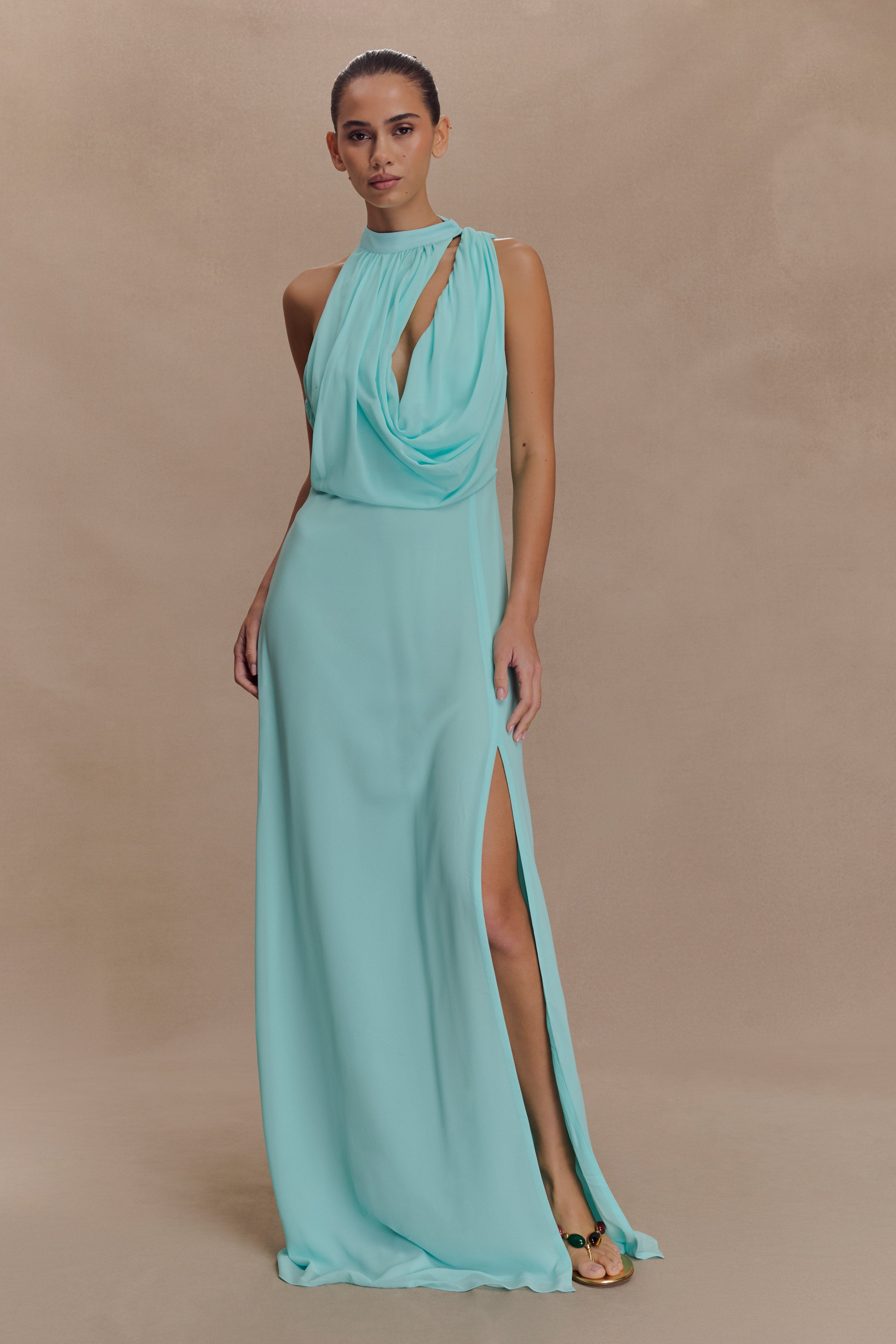 Elegant Cowl Neck Maxi Dress with High Slit | Galia