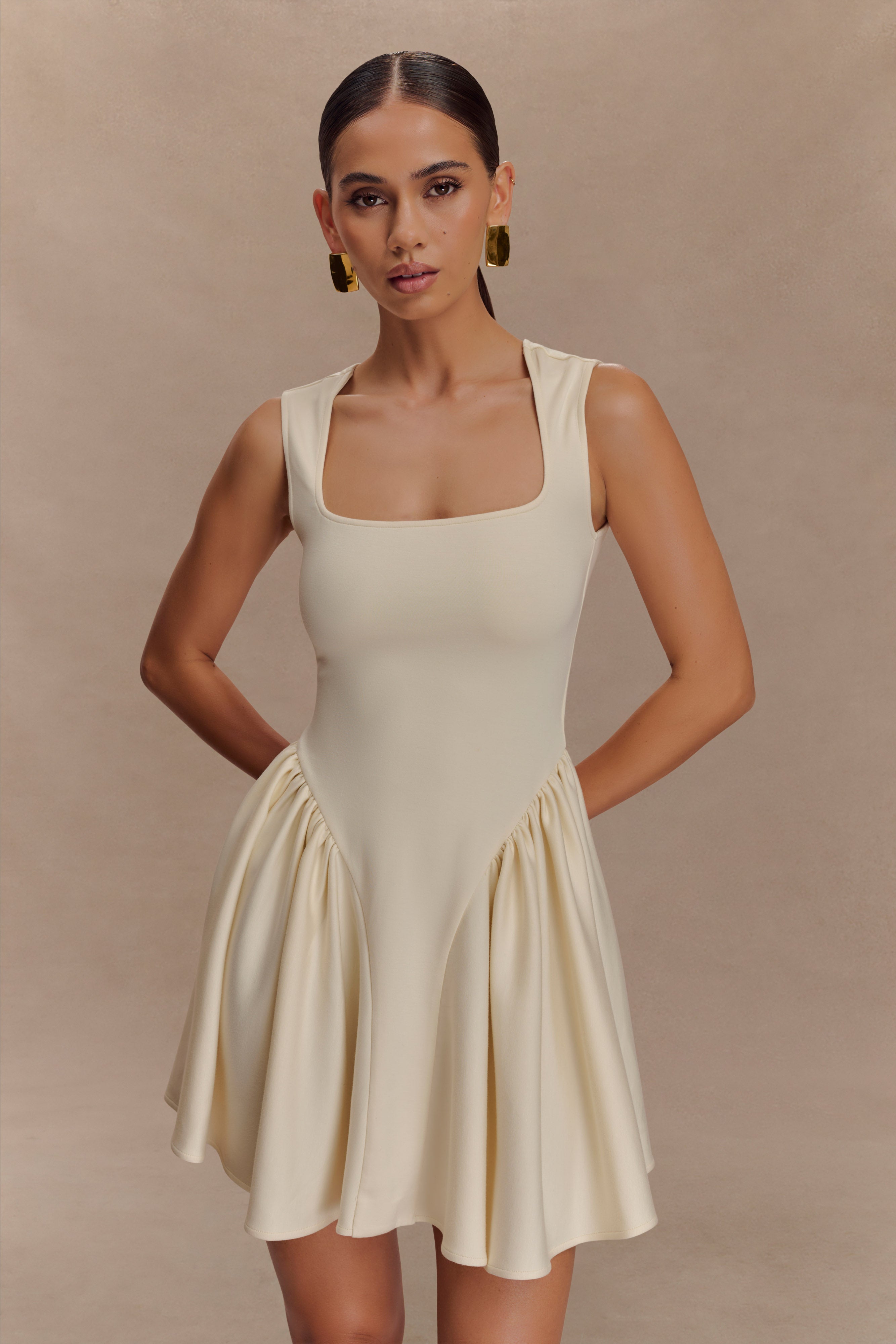 Scuba Jersey Mini Dress with Square Neckline & Gathered Hips | Sharon