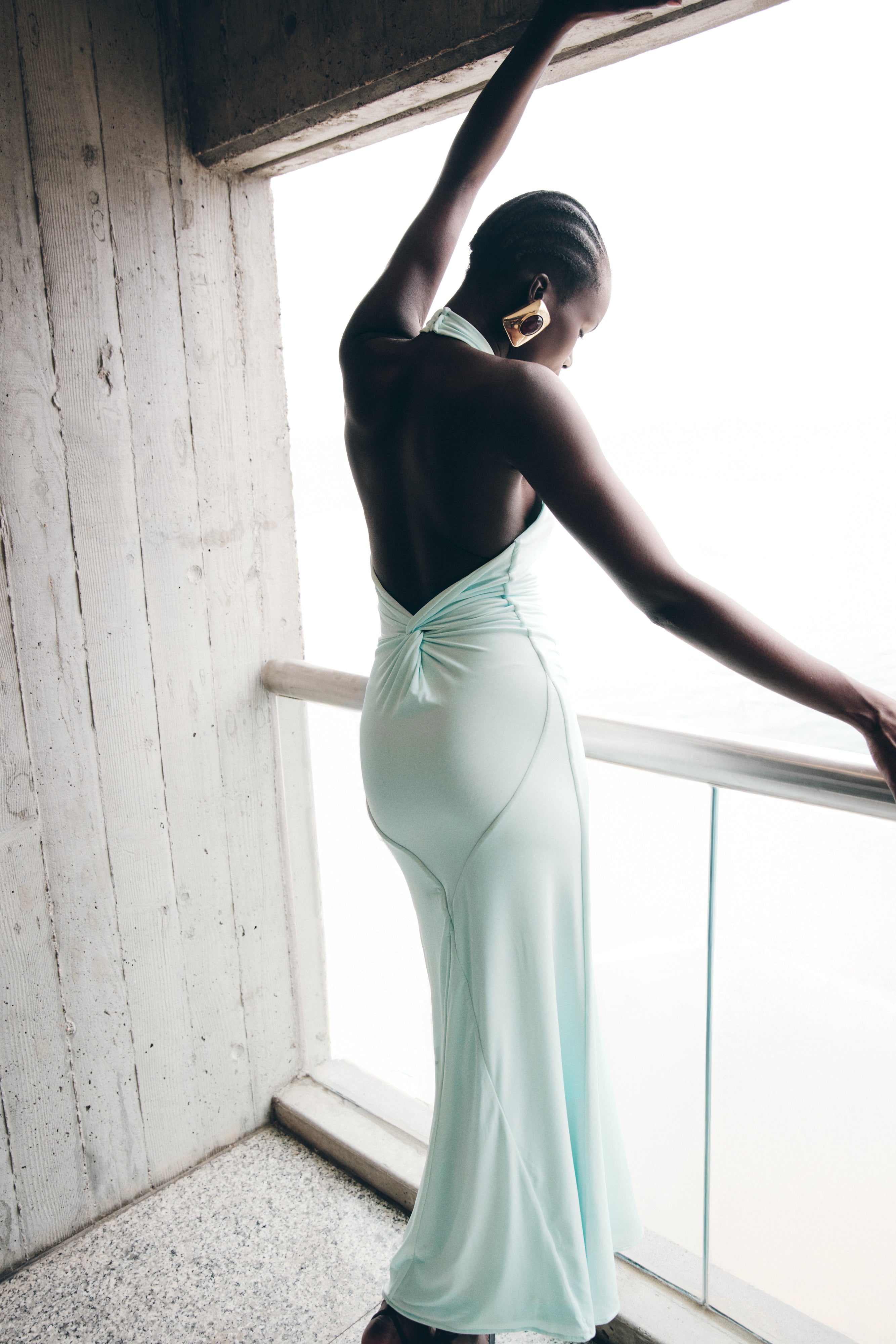 Elegant Halter Maxi Dress with Ruched Detail & Low Back | Elyna
