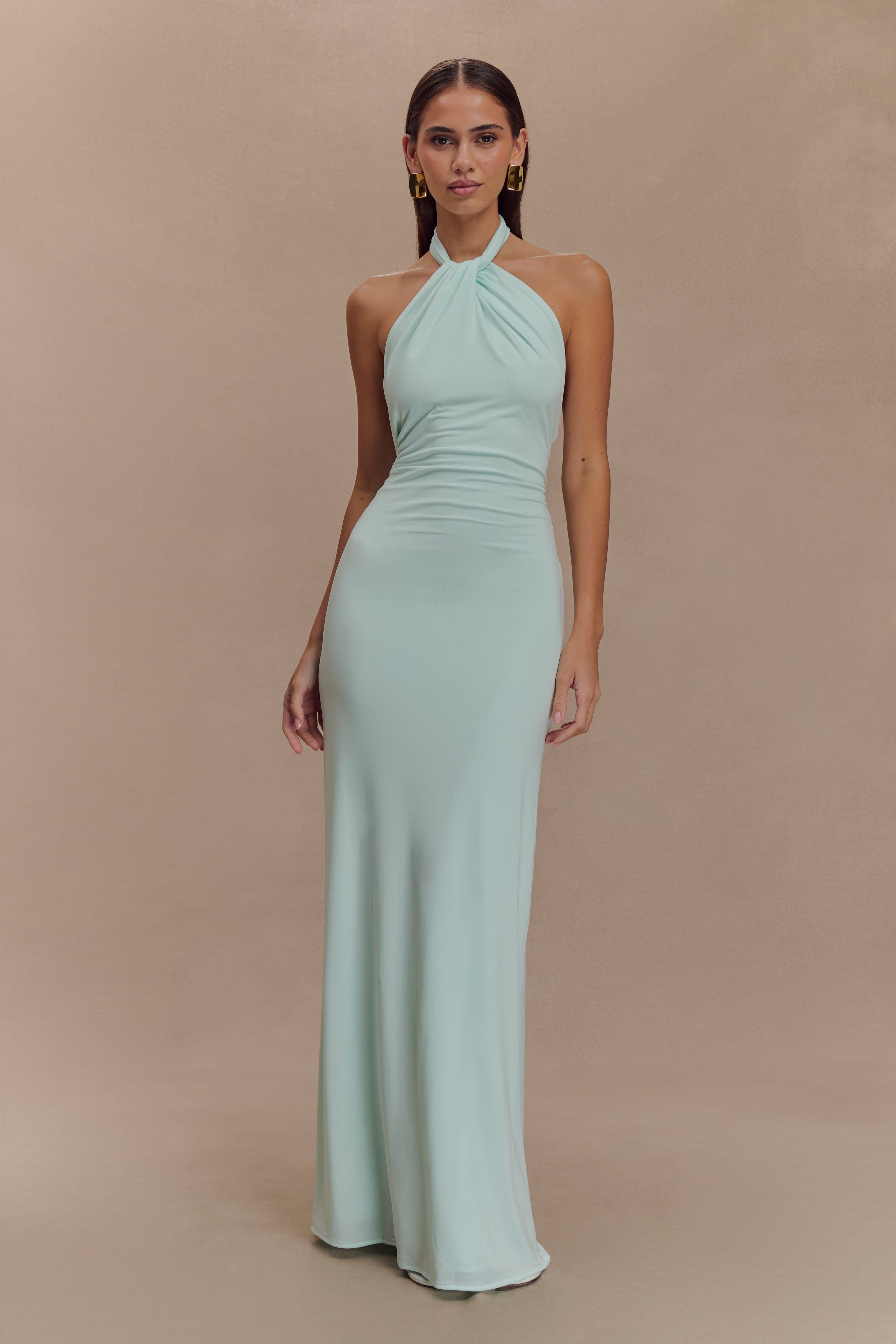 Elegant Halter Maxi Dress with Ruched Detail & Low Back | Elyna
