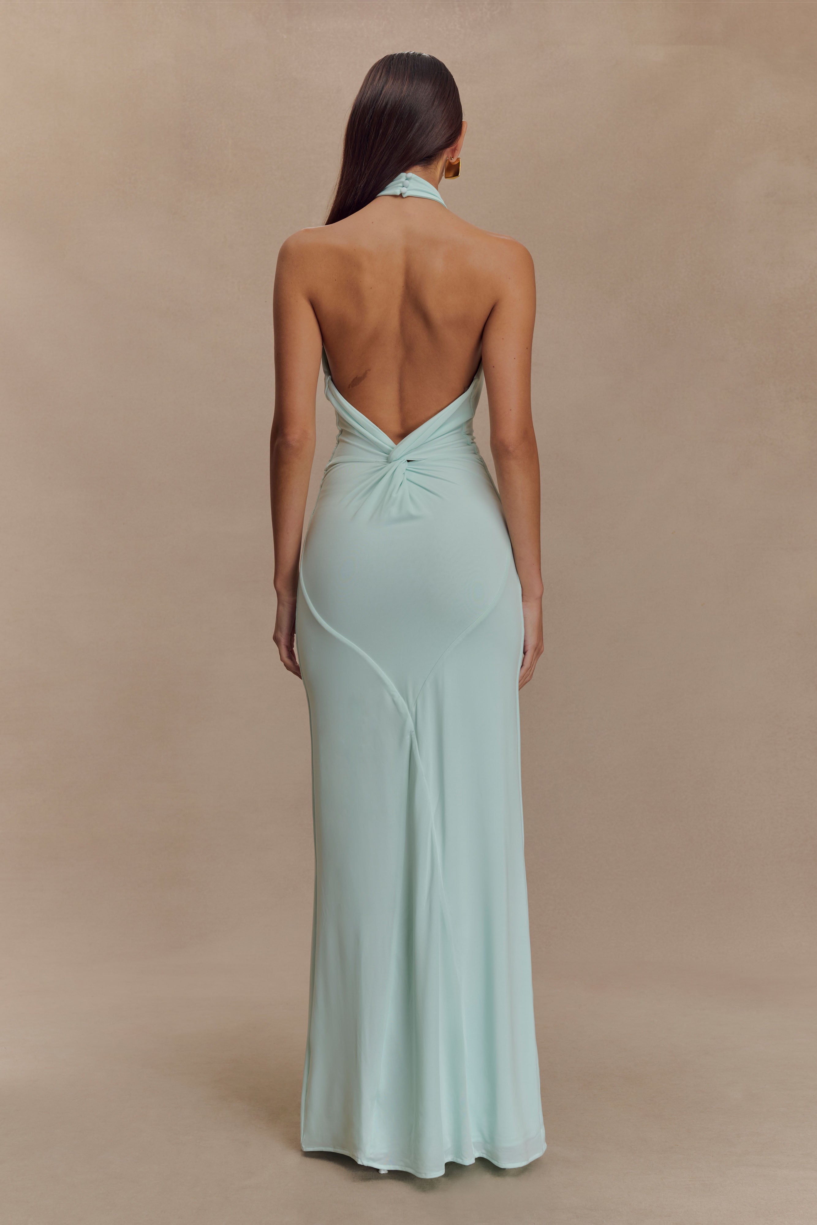 Elegant Halter Maxi Dress with Ruched Detail & Low Back | Elyna