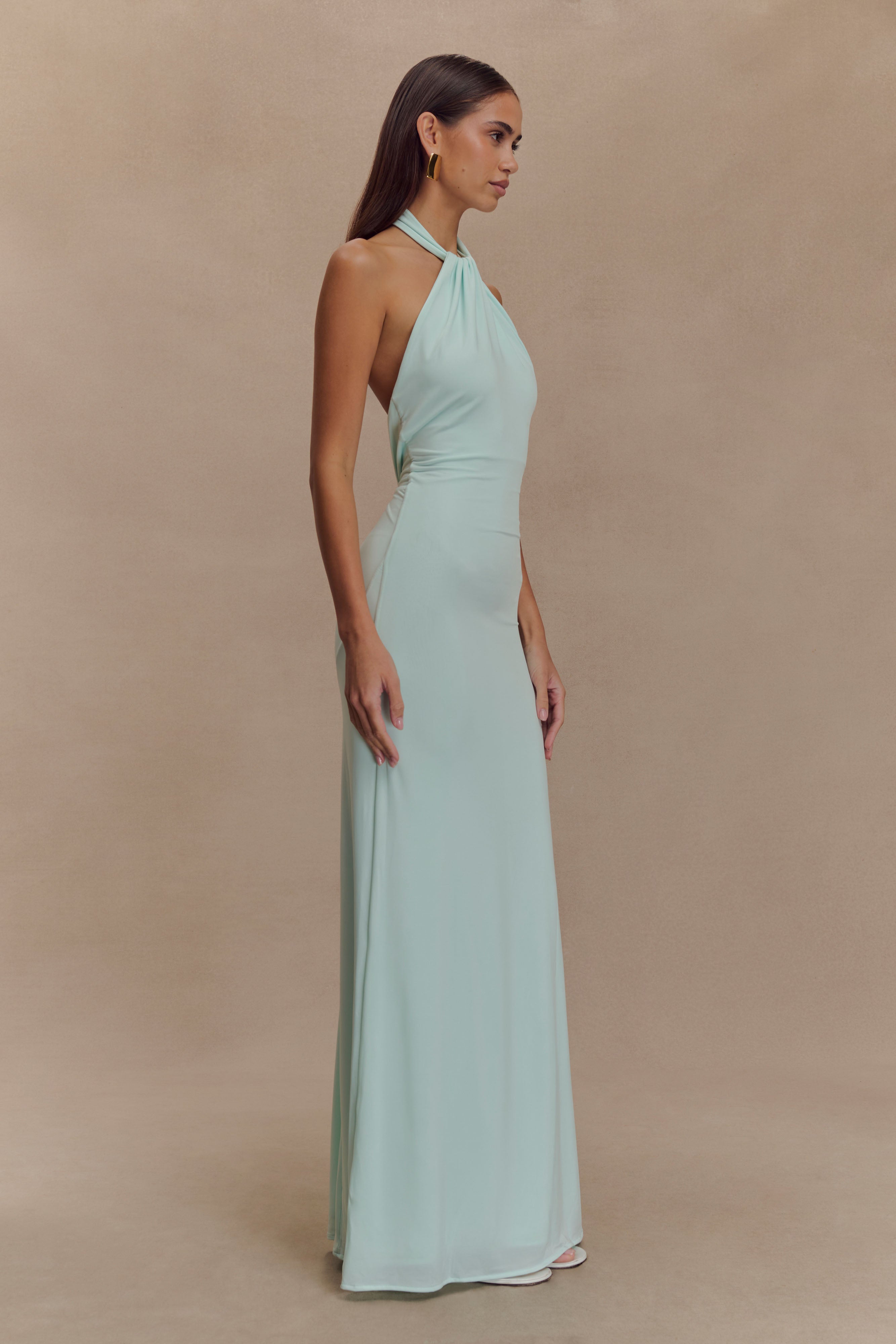Elegant Halter Maxi Dress with Ruched Detail & Low Back | Elyna