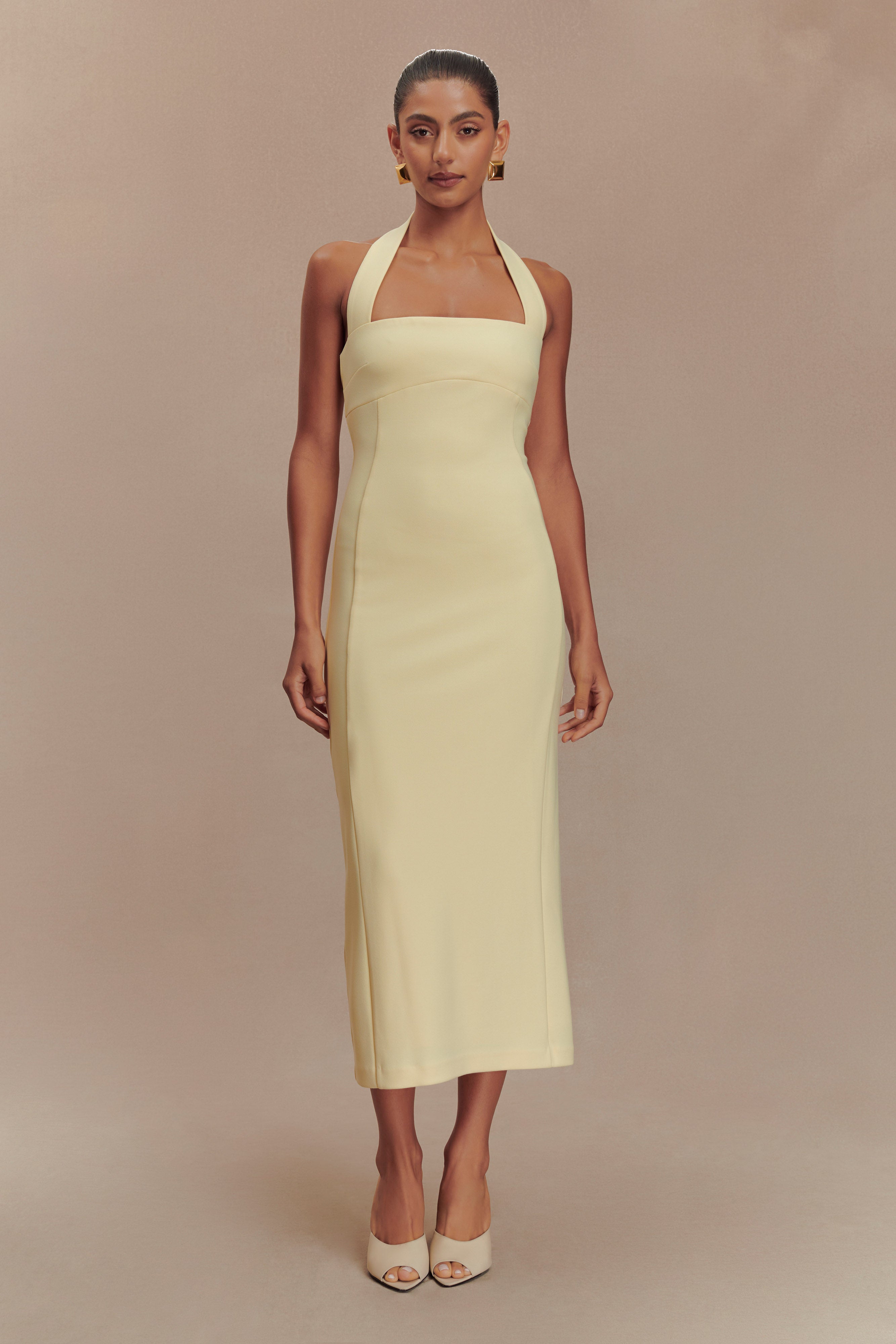 Elegant Halter Midi Dress with Contour Seams | Amelita