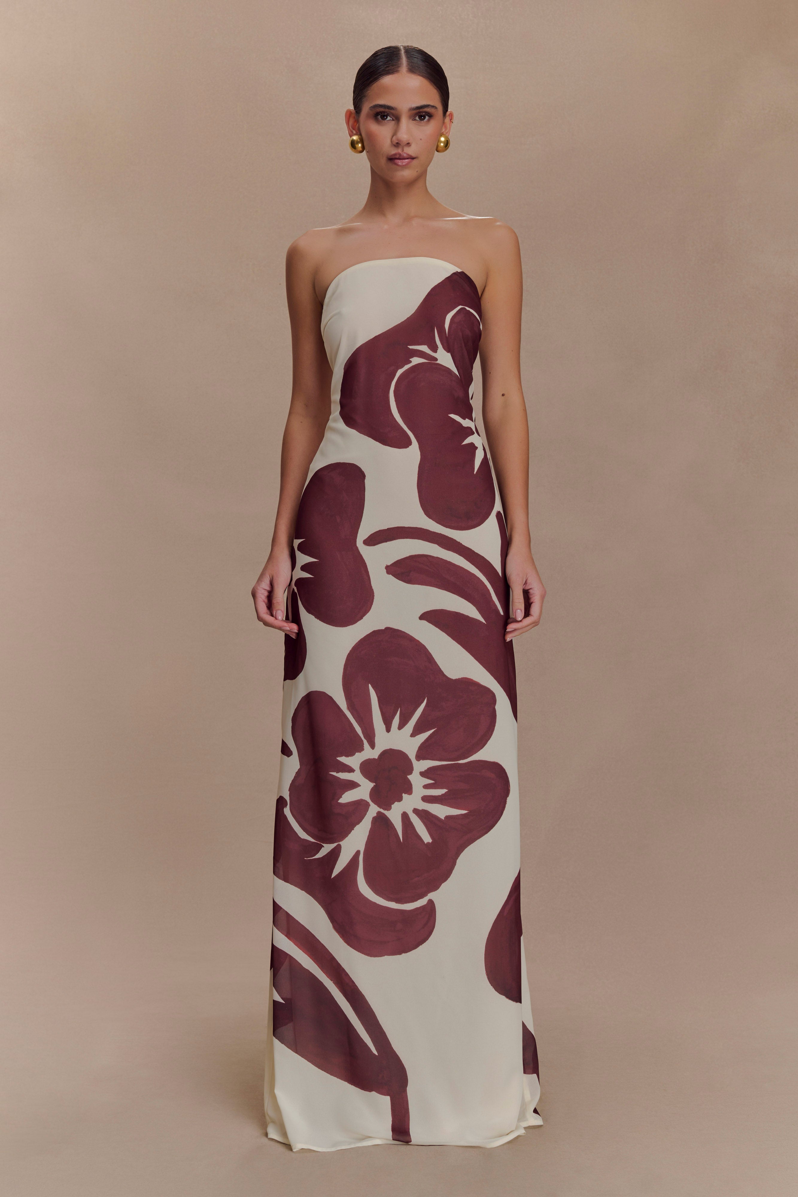 Strapless Chiffon Maxi Dress with Floral Print | Amaya