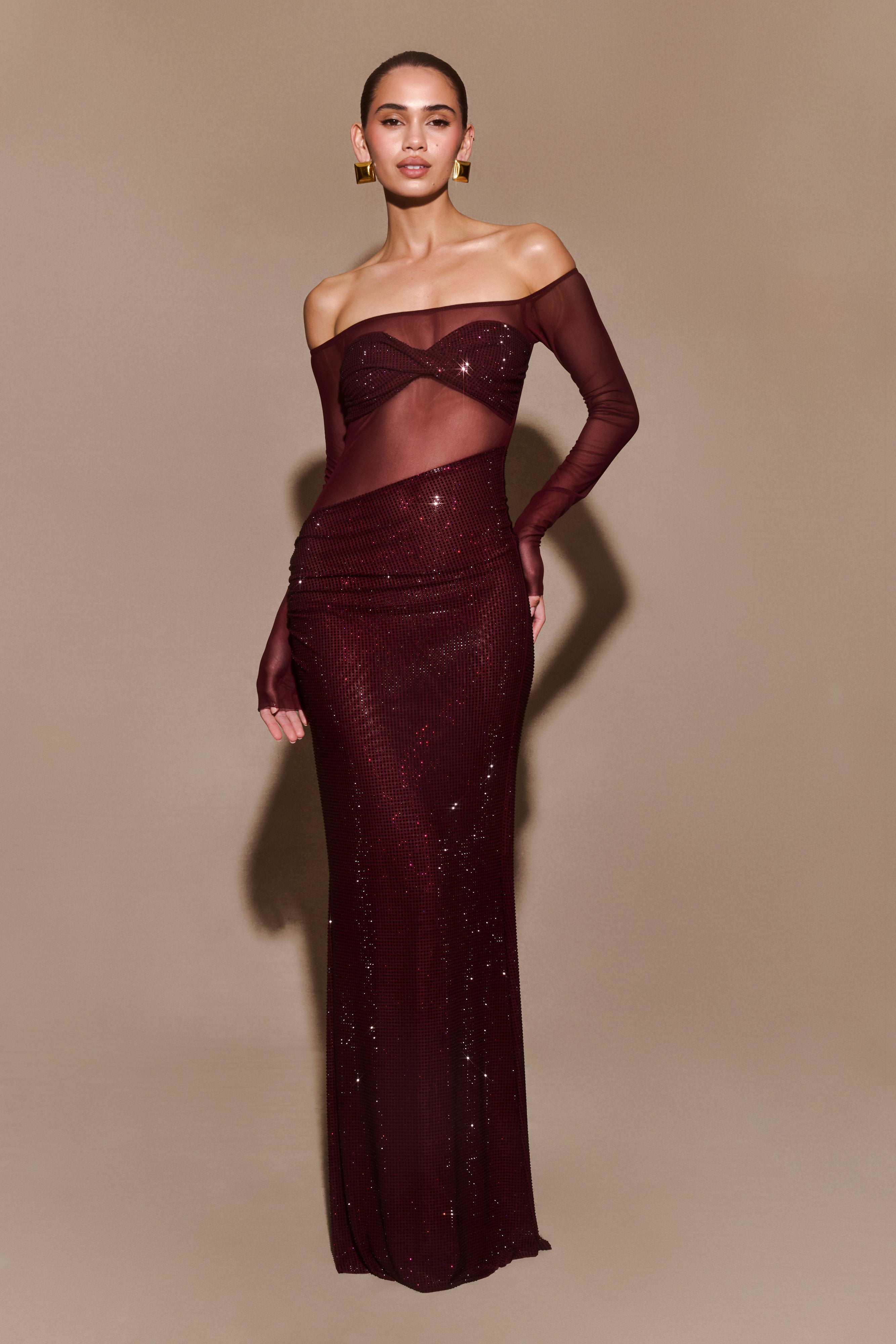 Off Shoulder Maxi Dress with Diamante Detail | Nash Diamante