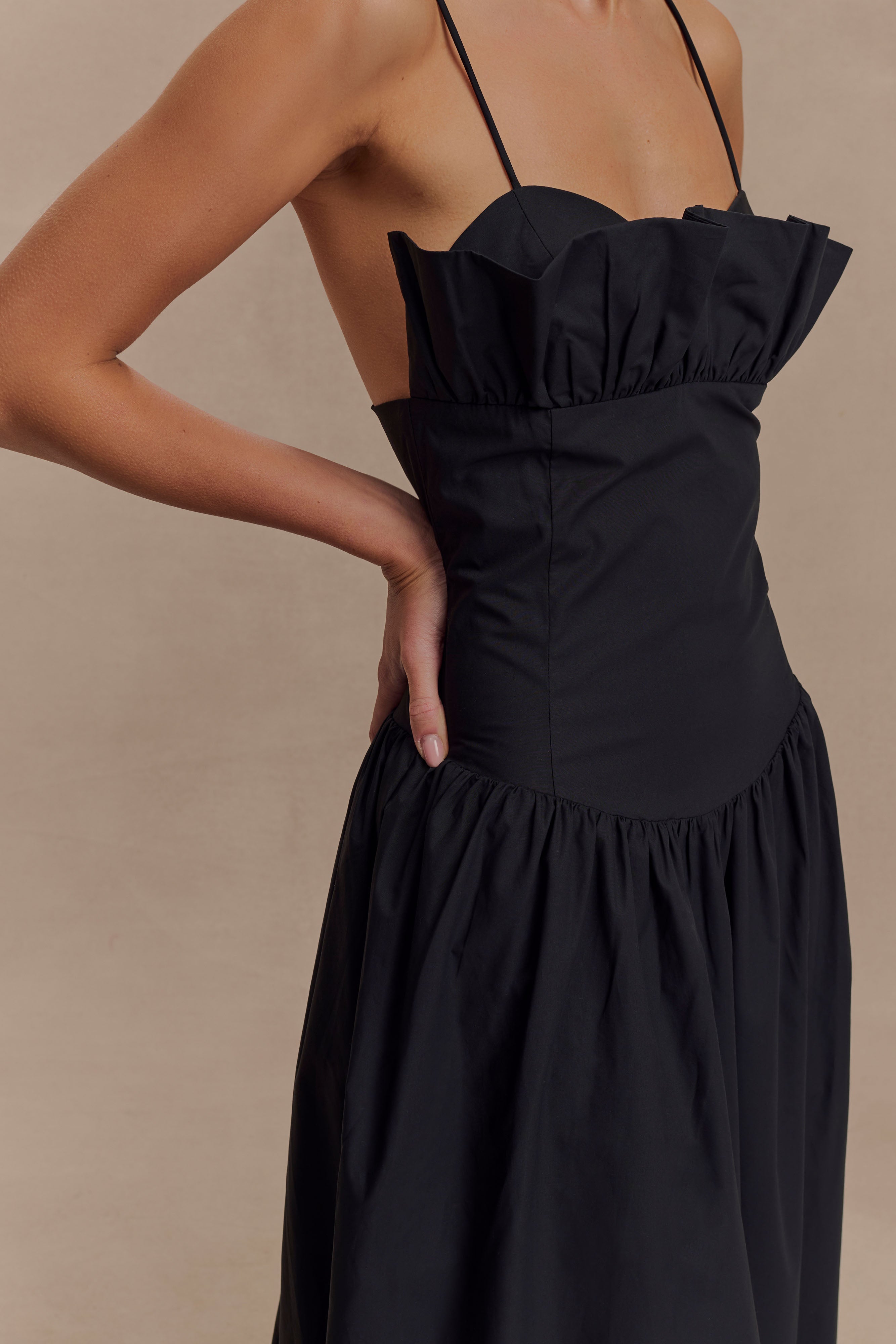 Frill Maxi Dress with Spaghetti Straps & Fitted Bodice | Janis