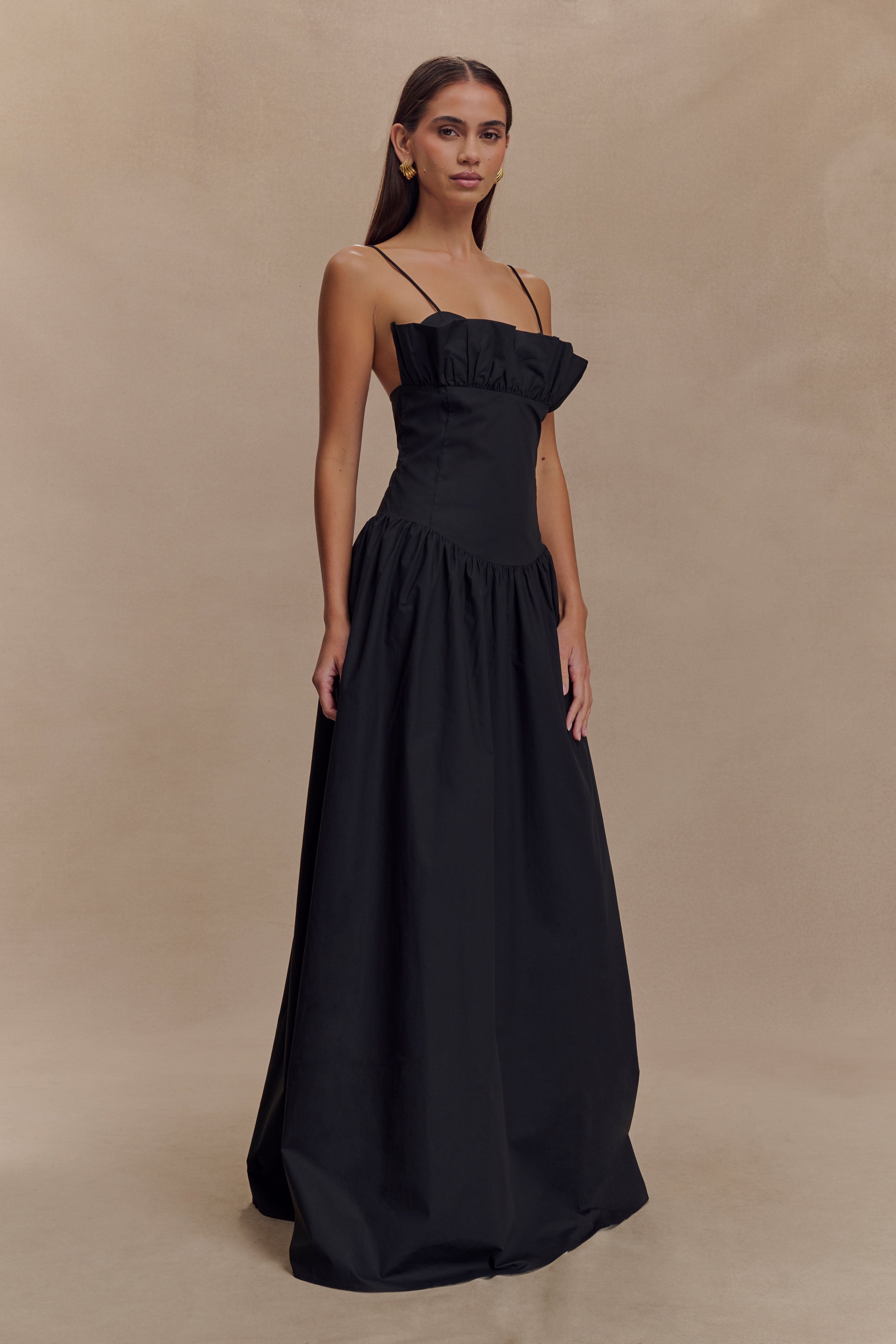 Frill Maxi Dress with Spaghetti Straps & Fitted Bodice | Janis
