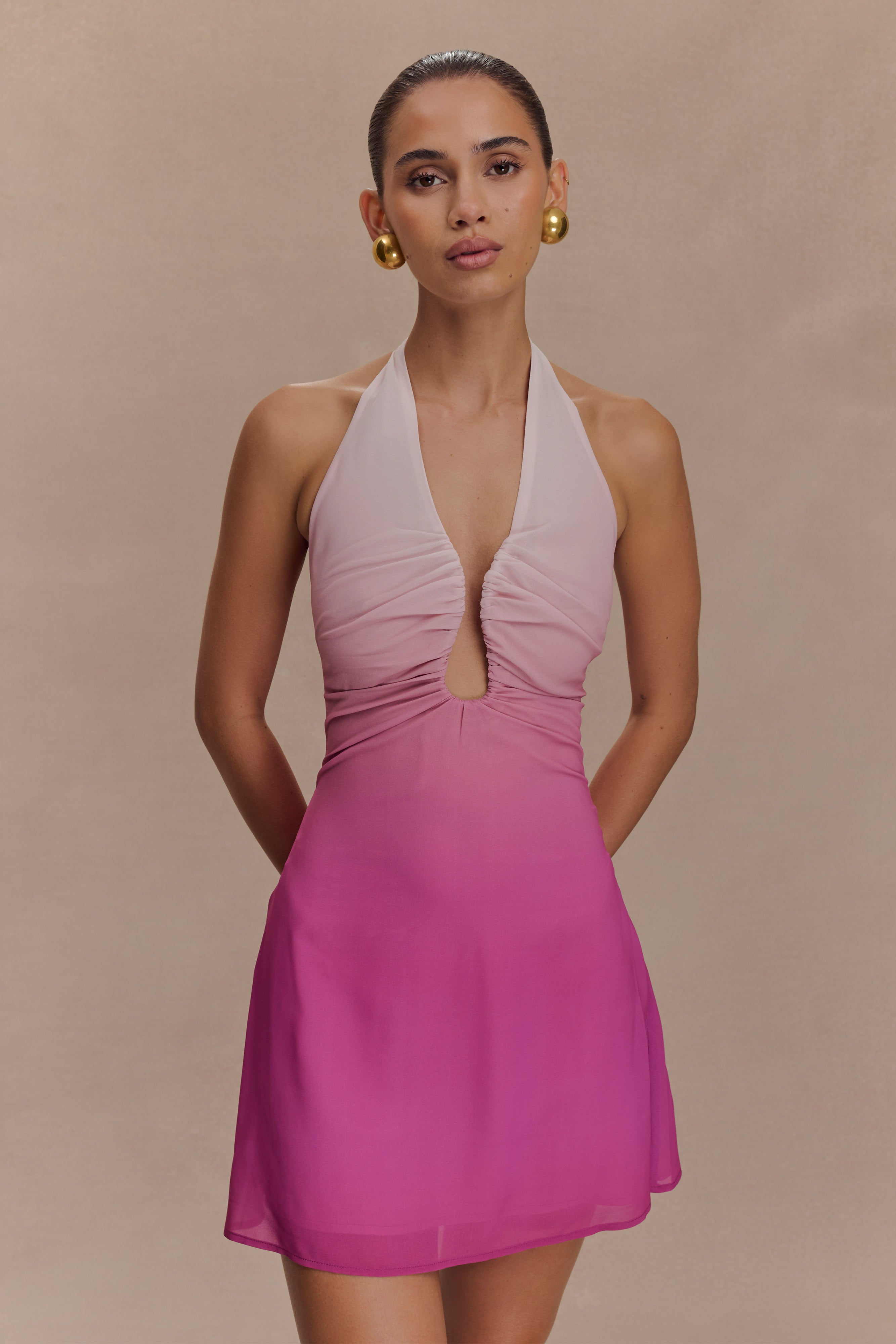 Chiffon Halter Mini Dress with Plunging Neckline | Malakhai Pink