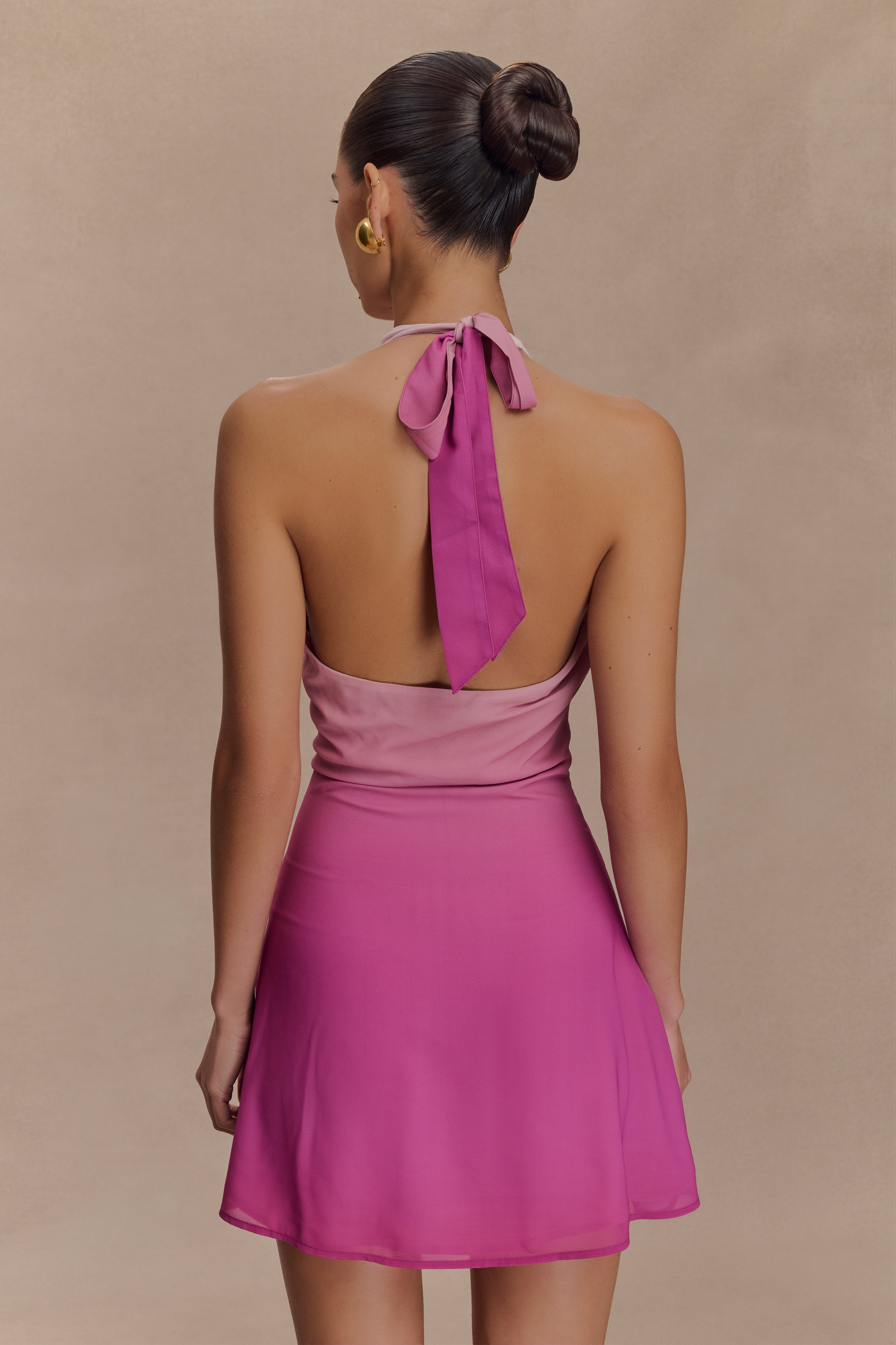 Chiffon Halter Mini Dress with Plunging Neckline | Malakhai Pink