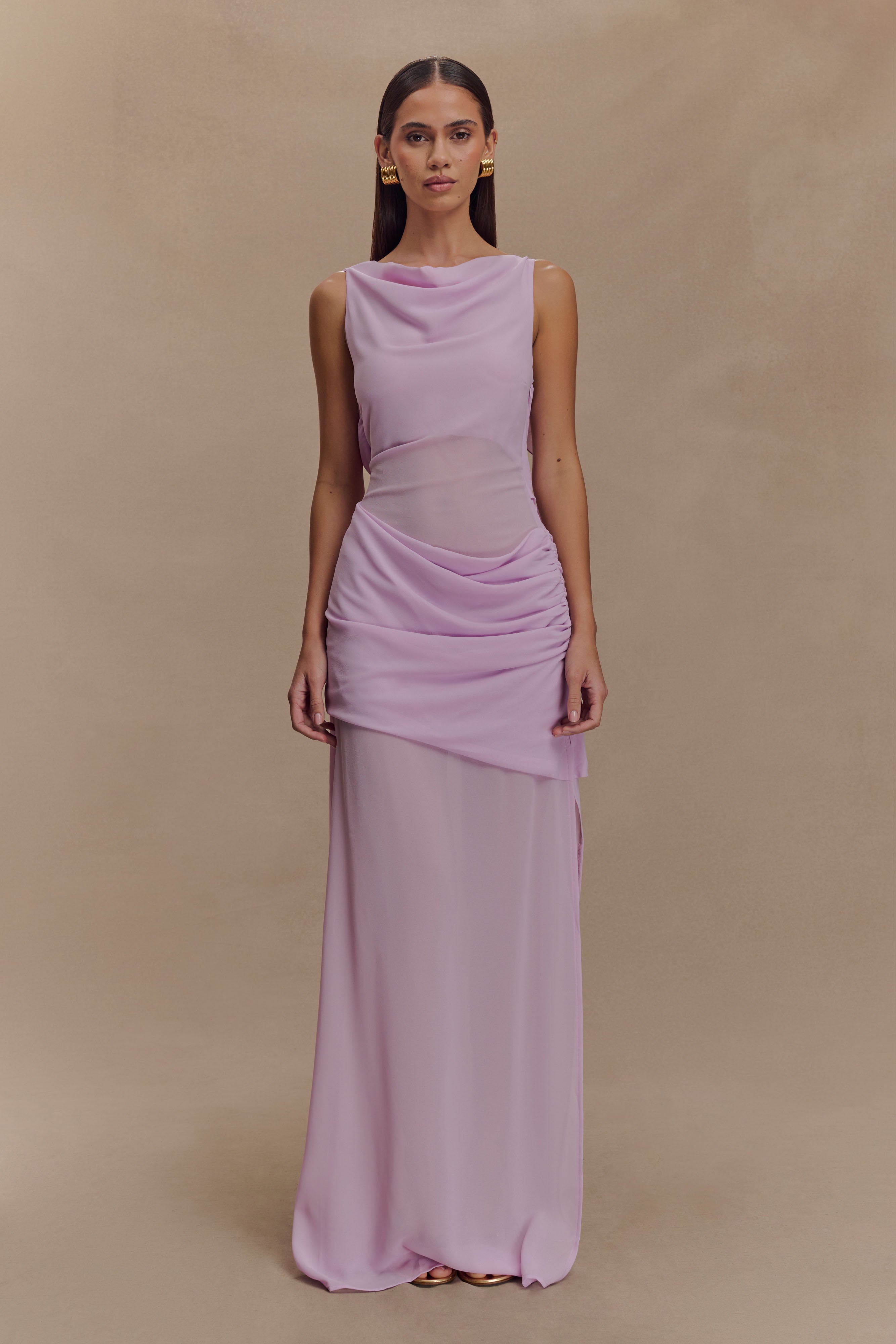 Chiffon Maxi Dress with Draped Back & Cowl Neck | Daria Lilac