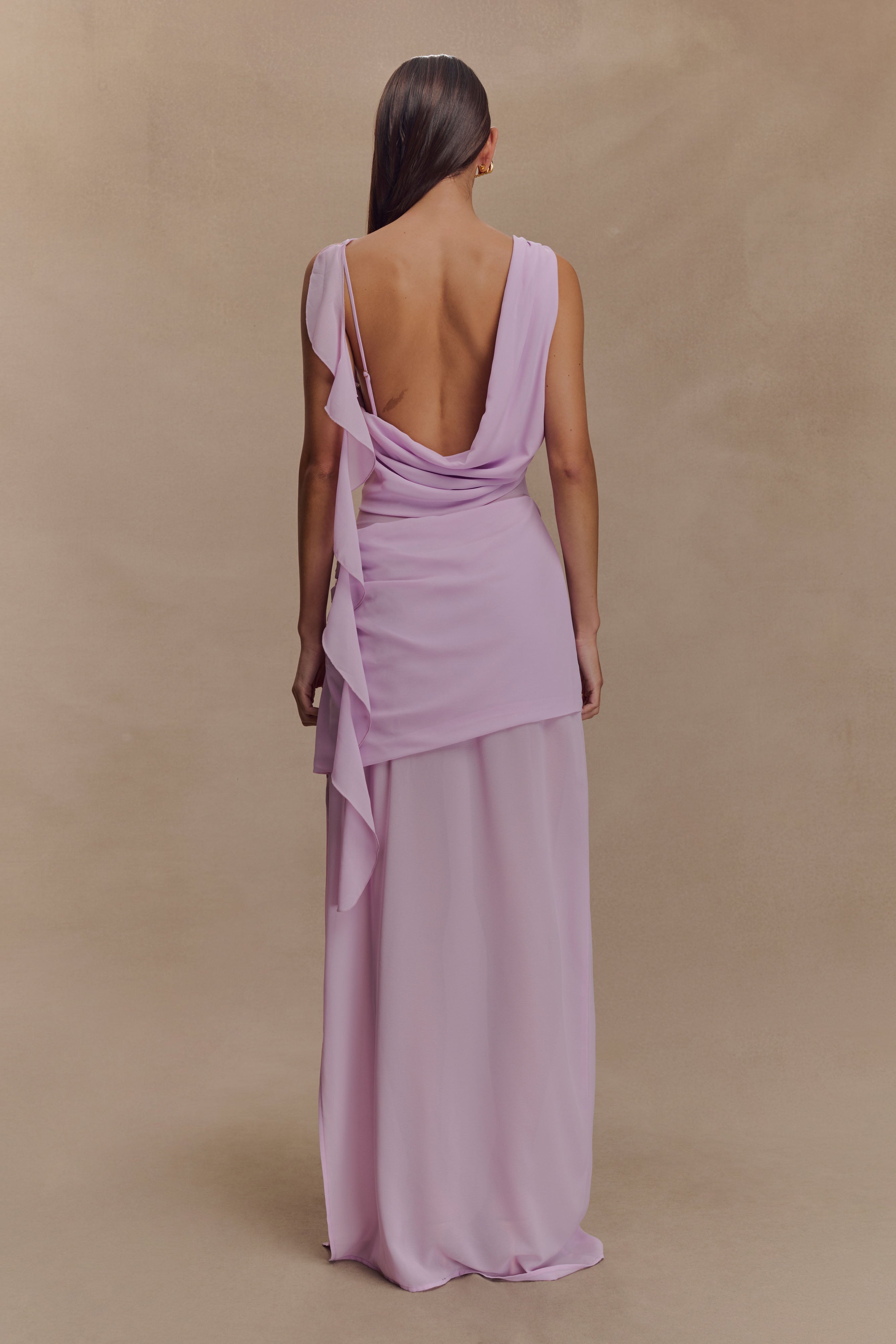 Chiffon Maxi Dress with Draped Back & Cowl Neck | Daria Lilac