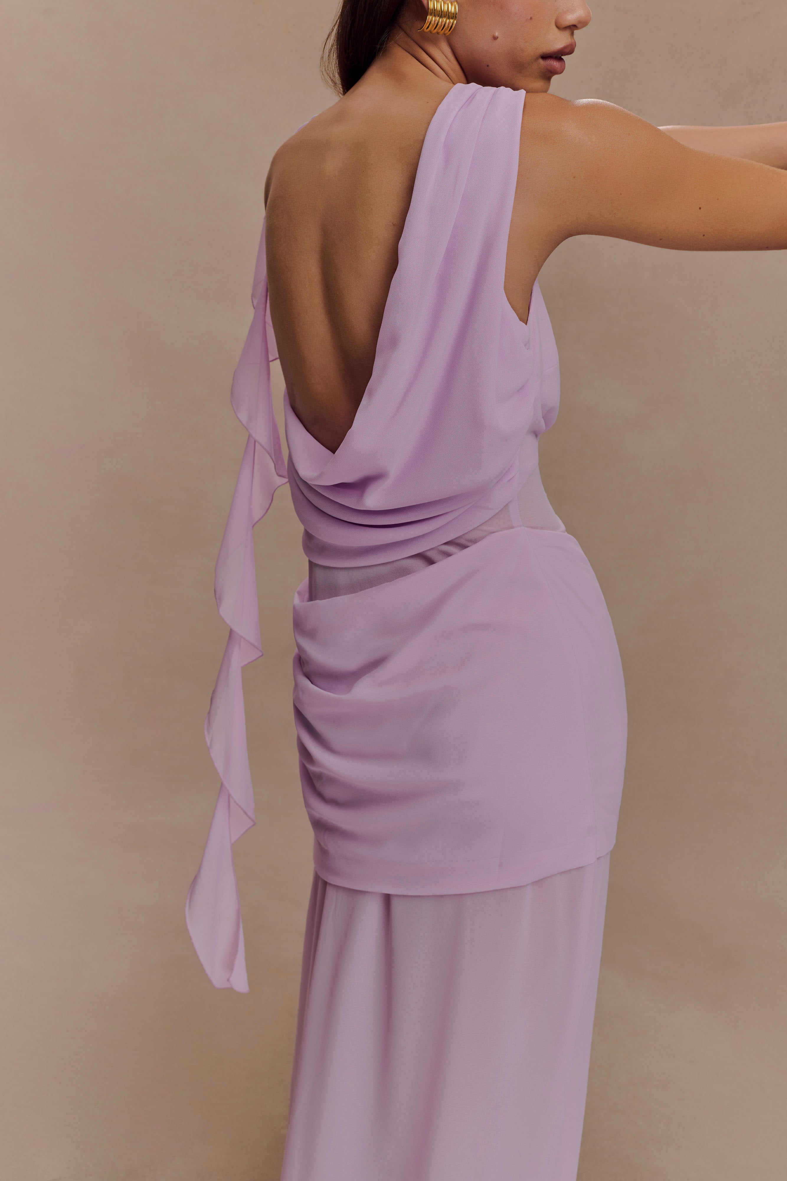 Chiffon Maxi Dress with Draped Back & Cowl Neck | Daria Lilac