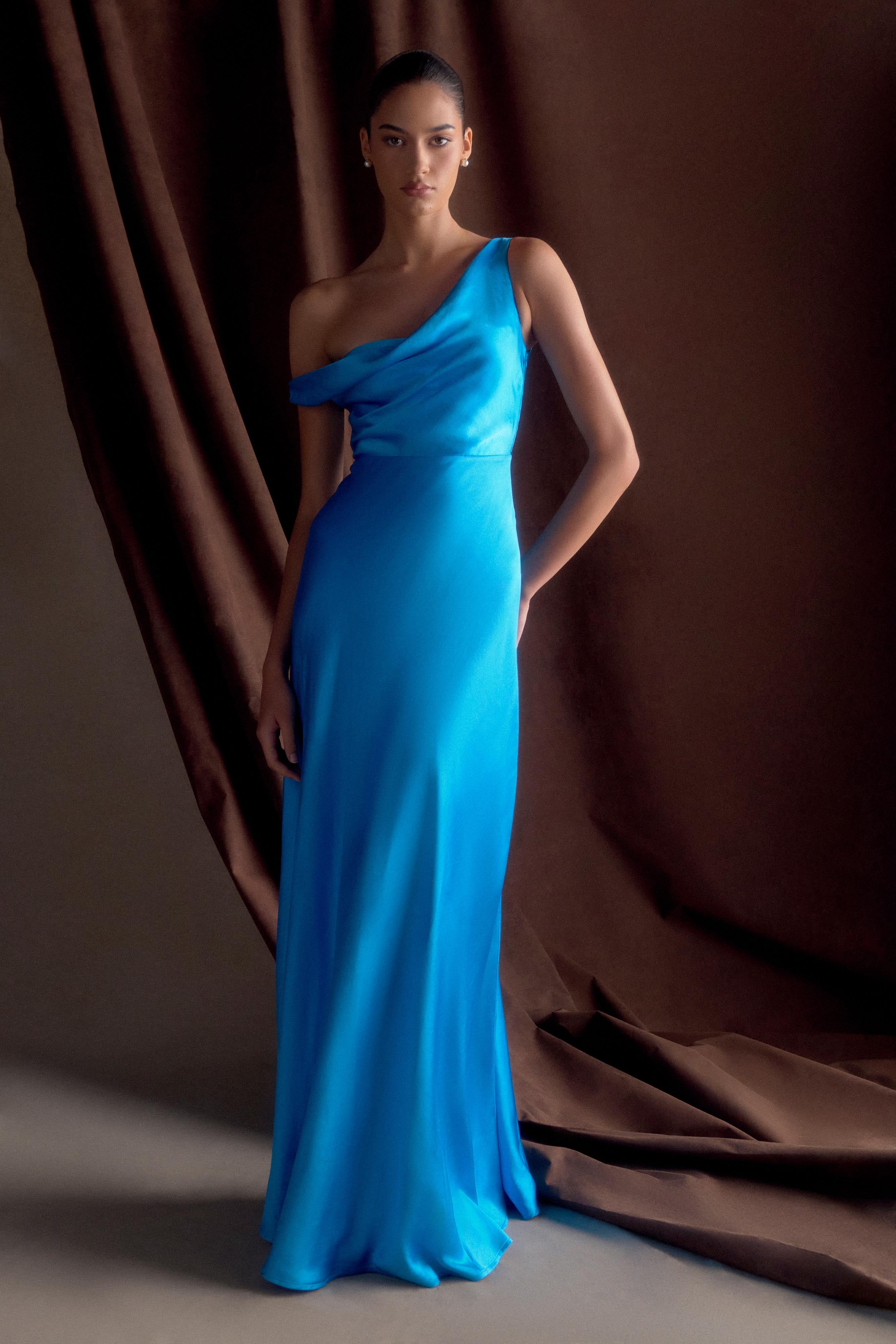 One Shoulder Maxi Dress with Flowing A-Line Skirt | Jacinta Cyan Blue