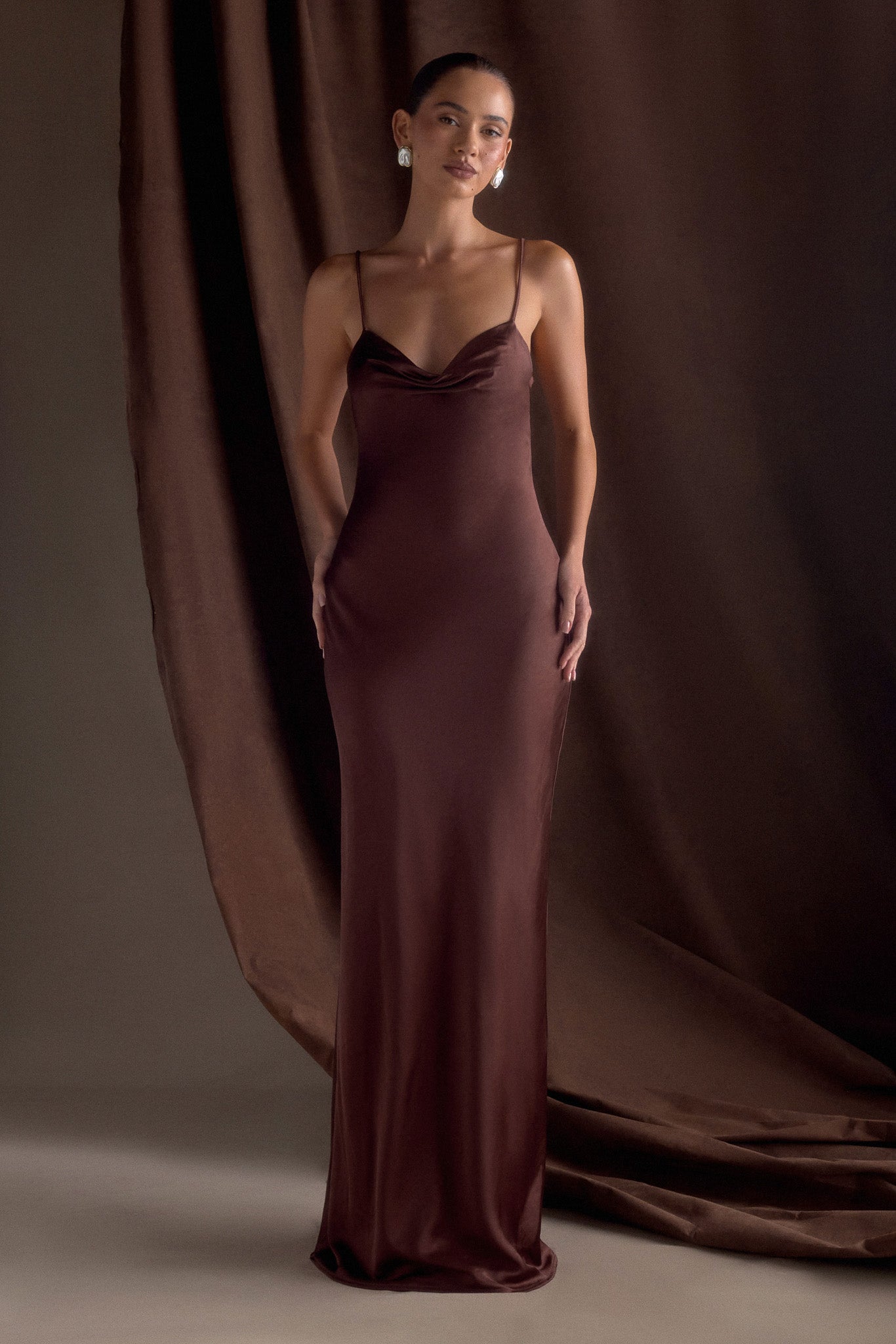 Sweetheart Neckline Satin Maxi Dress for Weddings | Lilly Dark Chocolate
