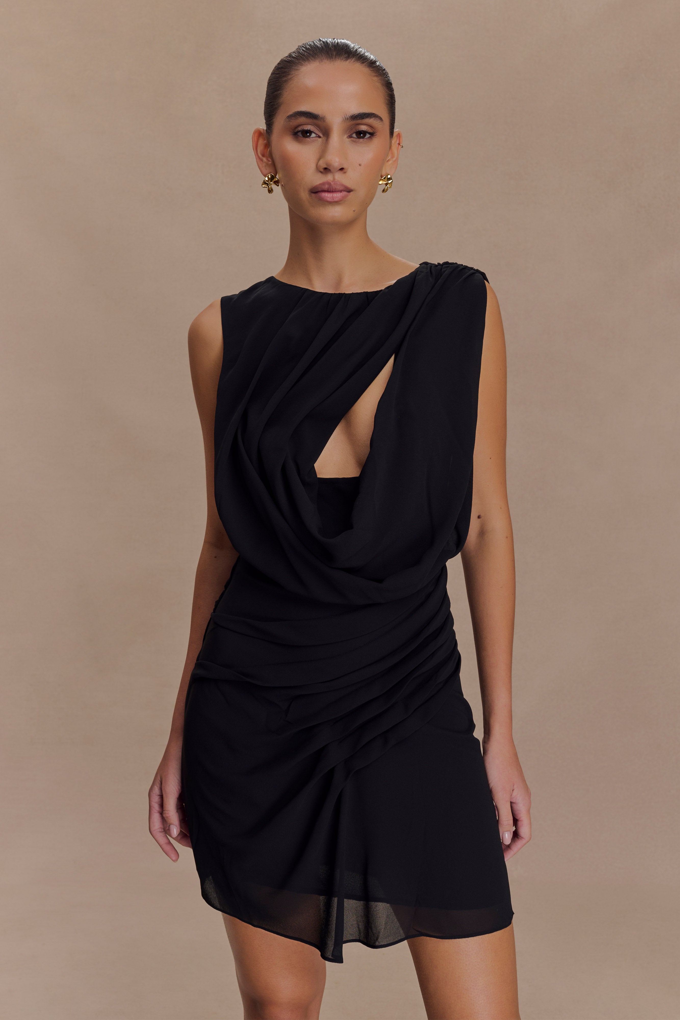 Elegant Chiffon Mini Dress with Cutout & Open Back | Oria Black