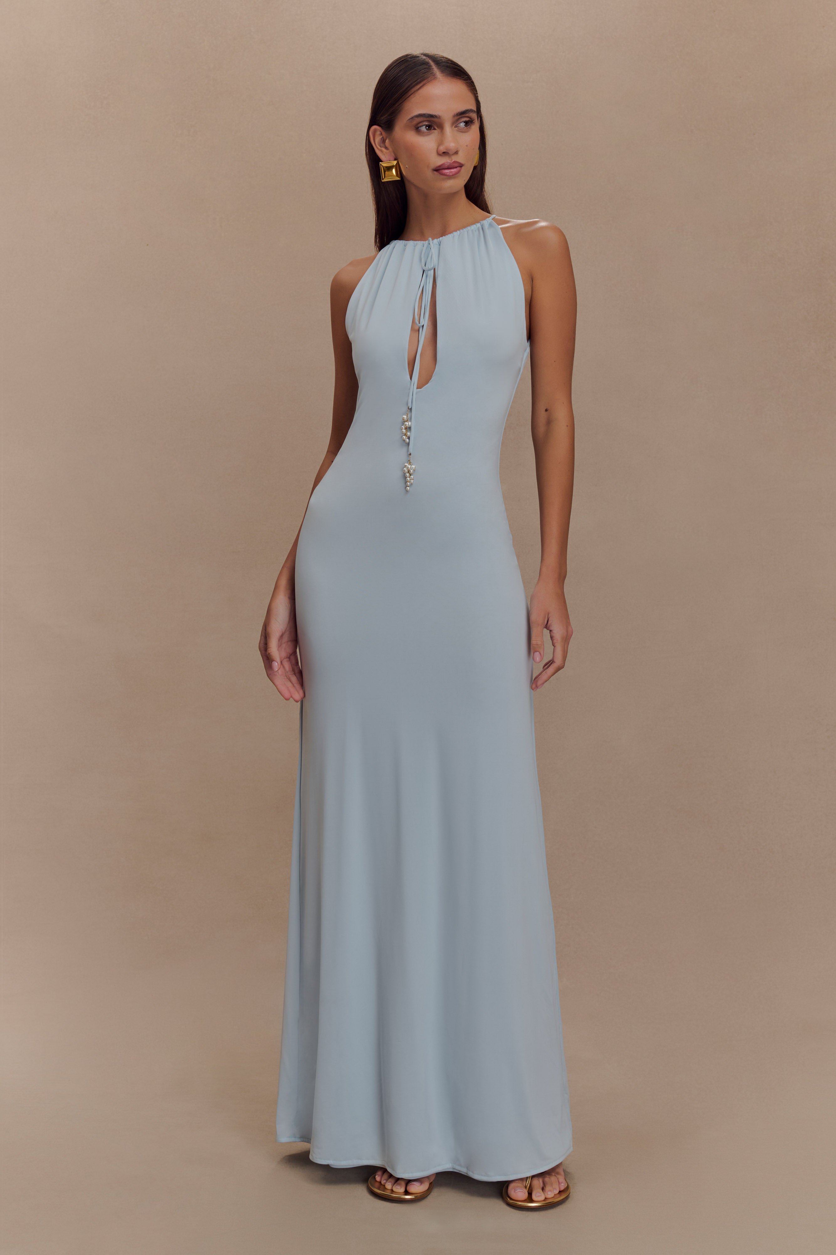 Pale Blue Slinky Maxi Dress with Pearls | Beryl