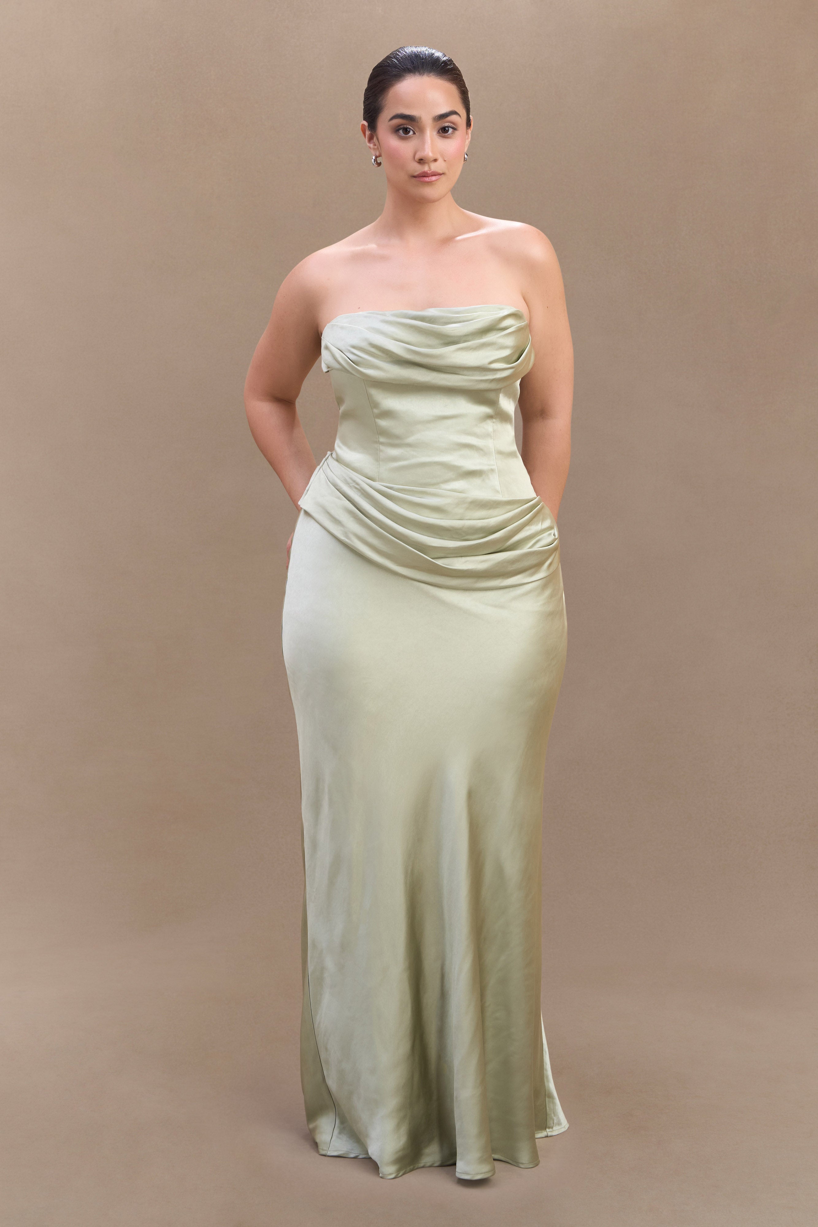 Strapless Satin Maxi Dress with Boned Bodice | Jasmine Sage
