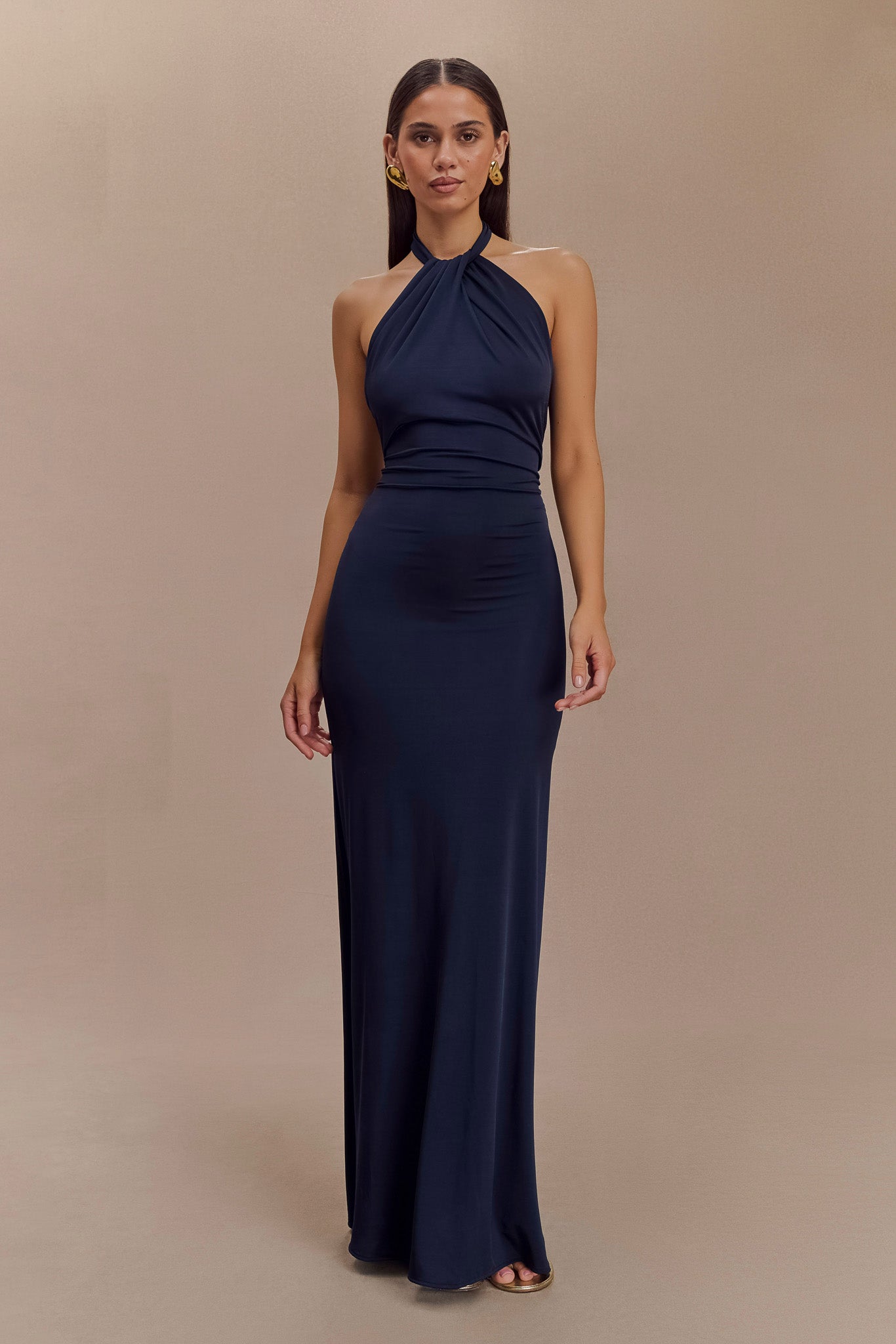 Elegant Halter Maxi Dress with Ruching & Low Back | Elyna