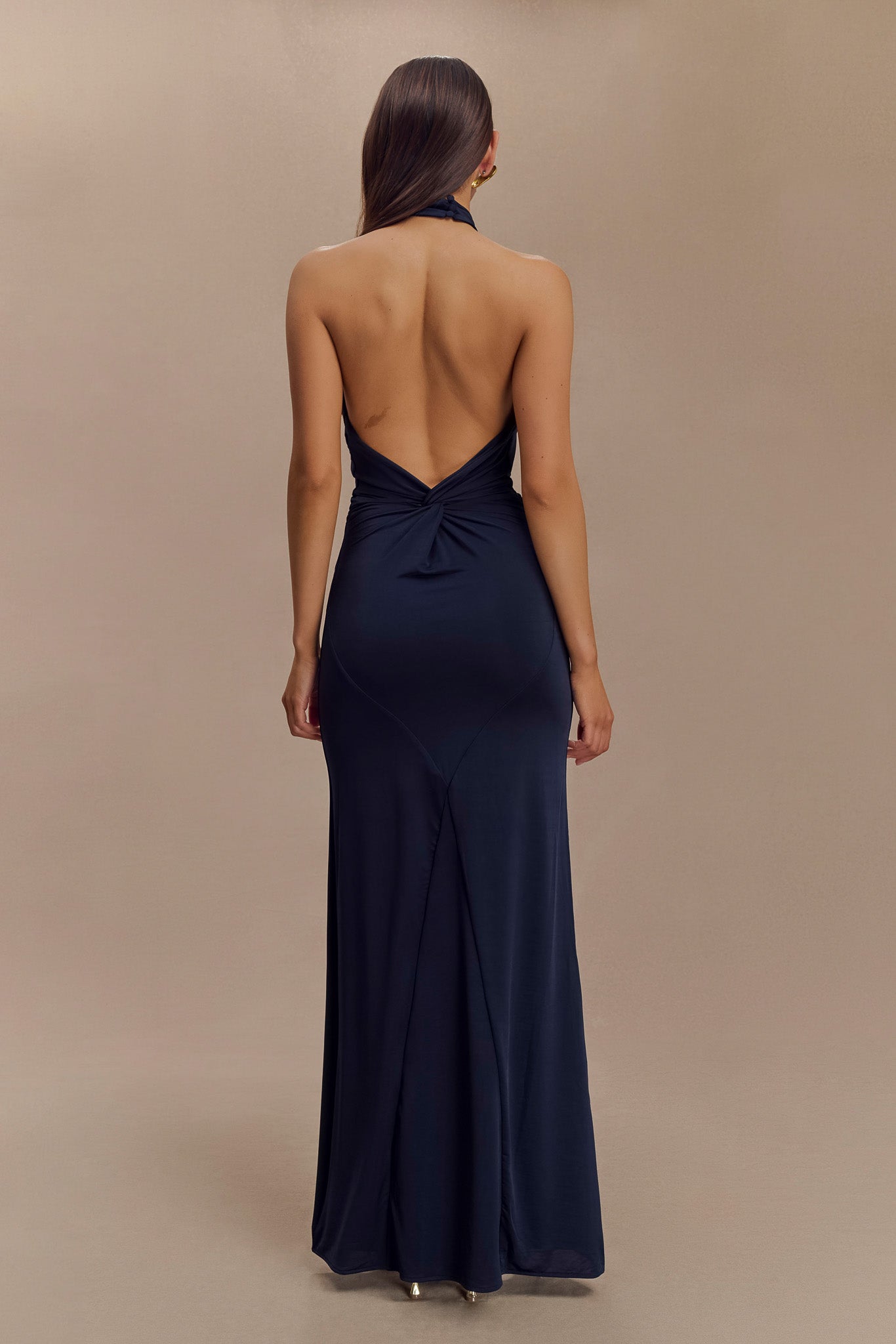 Elegant Halter Maxi Dress with Ruching & Low Back | Elyna