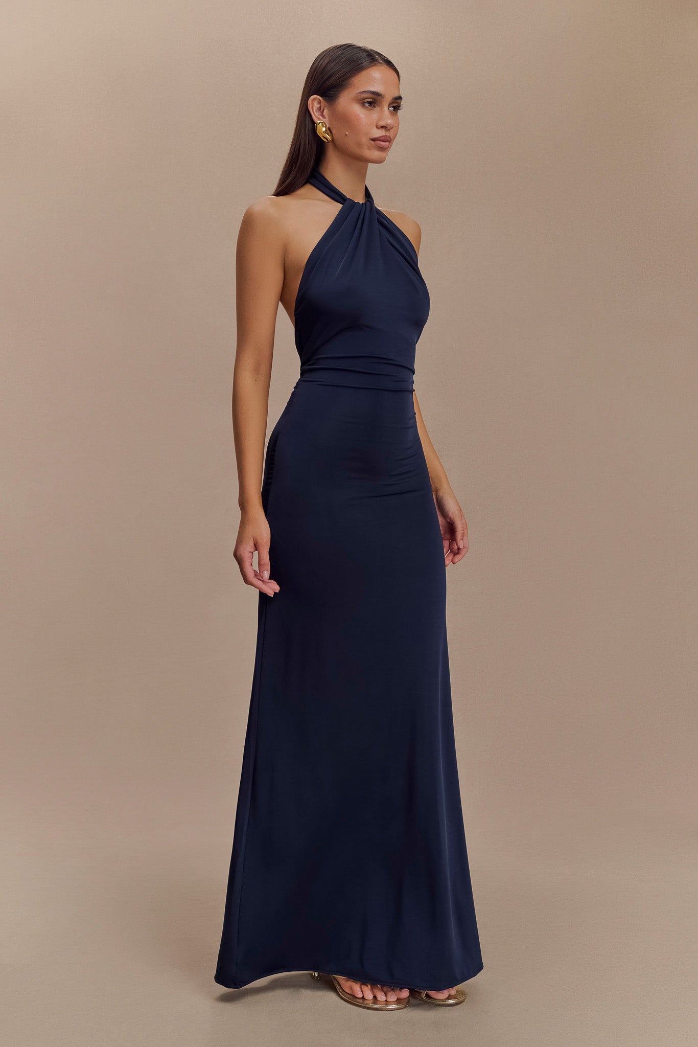 Elegant Halter Maxi Dress with Ruching & Low Back | Elyna