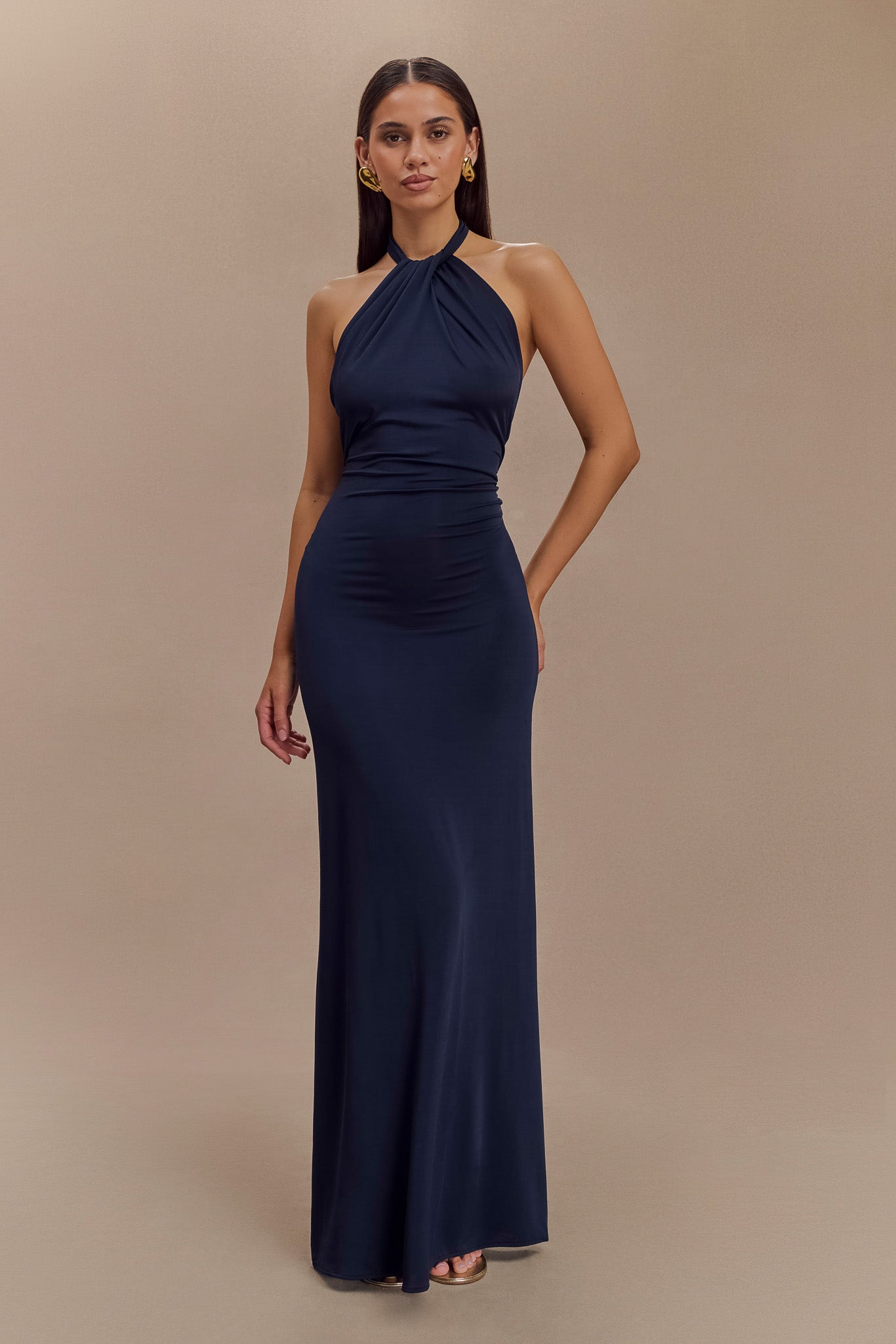 Elegant Halter Maxi Dress with Ruching & Low Back | Elyna