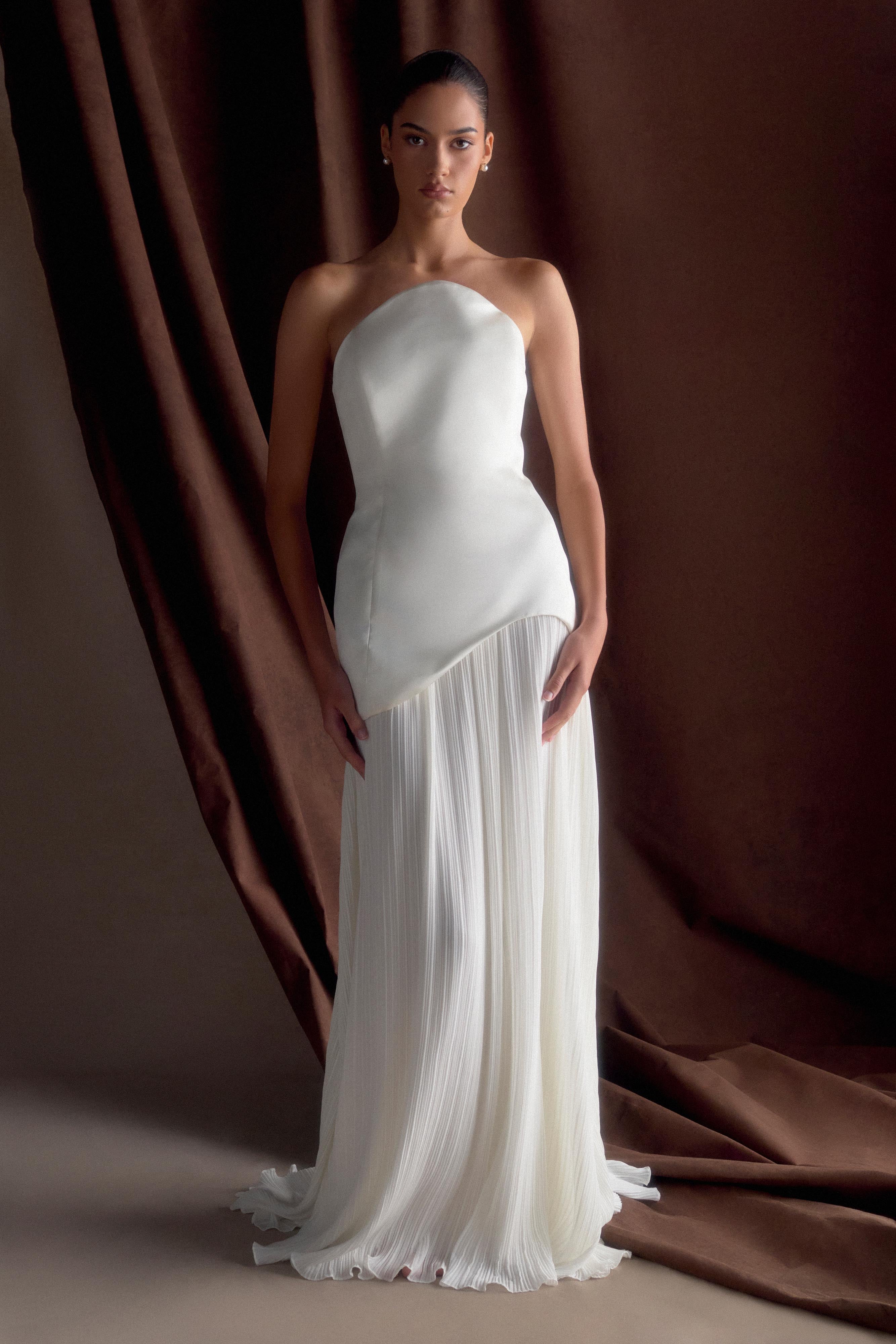 Strapless Pleated Maxi Wedding Gown with Bust Support | Juno
