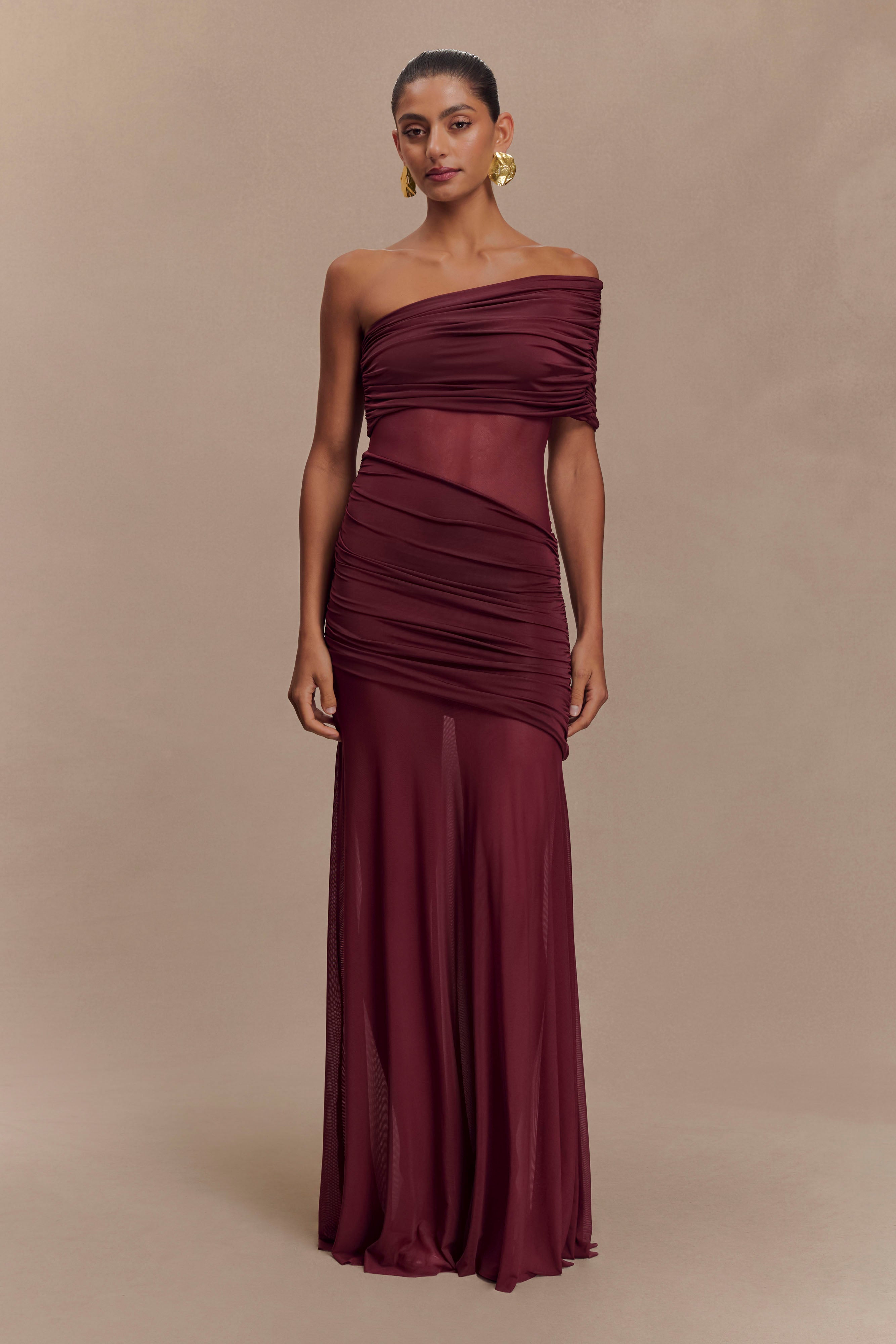 One Shoulder Mesh Maxi Dress for Evening Events | Dallas Burgundy