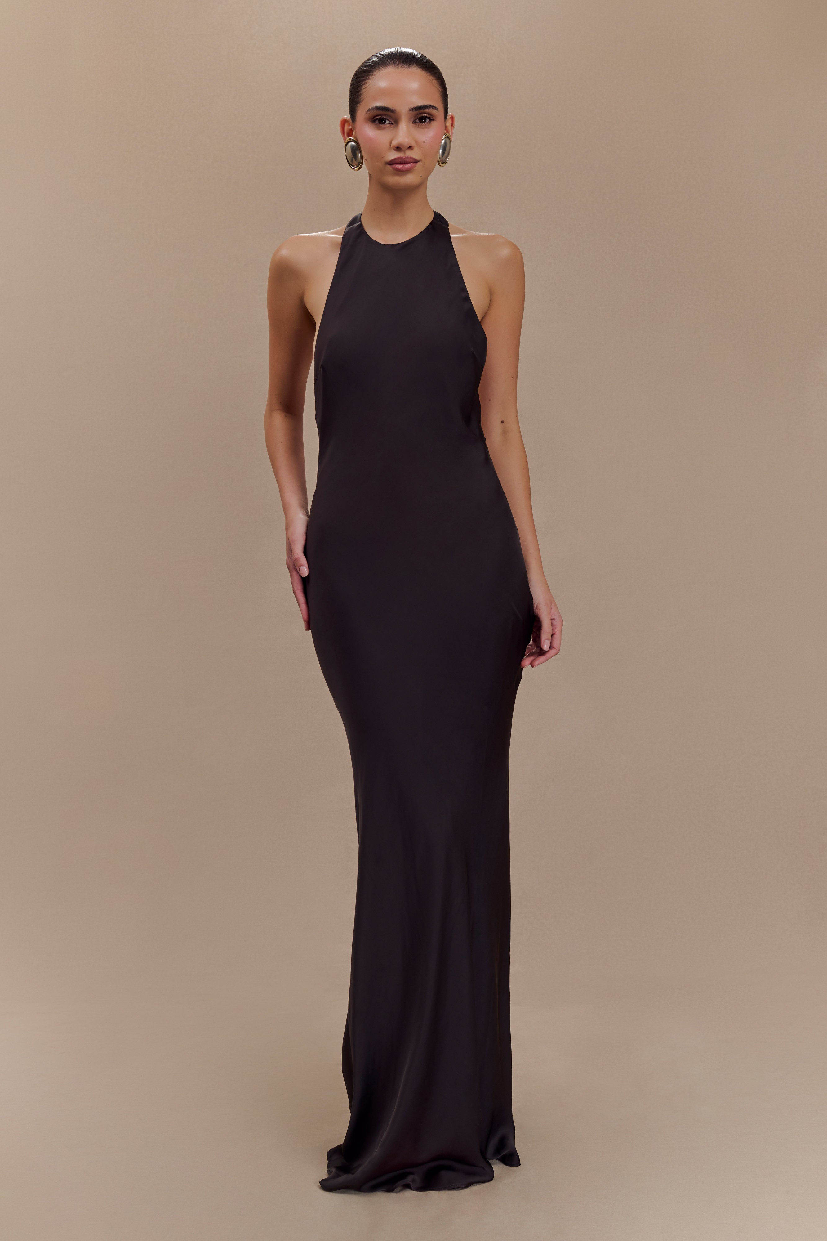 Satin Halter Maxi Dress with Open Back & Side Zip | Rinna Black