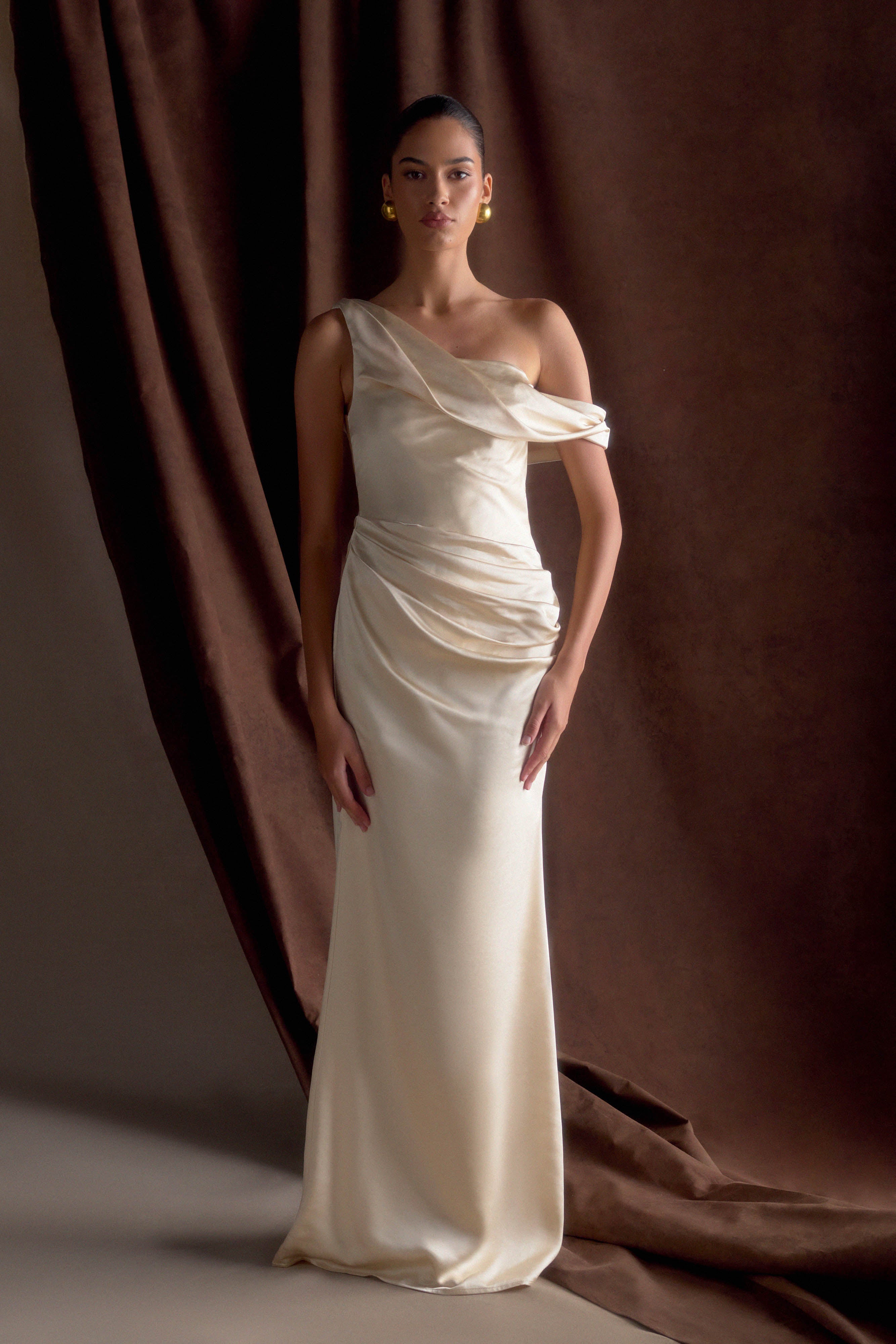 Off Shoulder Satin Maxi Dress with Boned Bodice | Dalia
