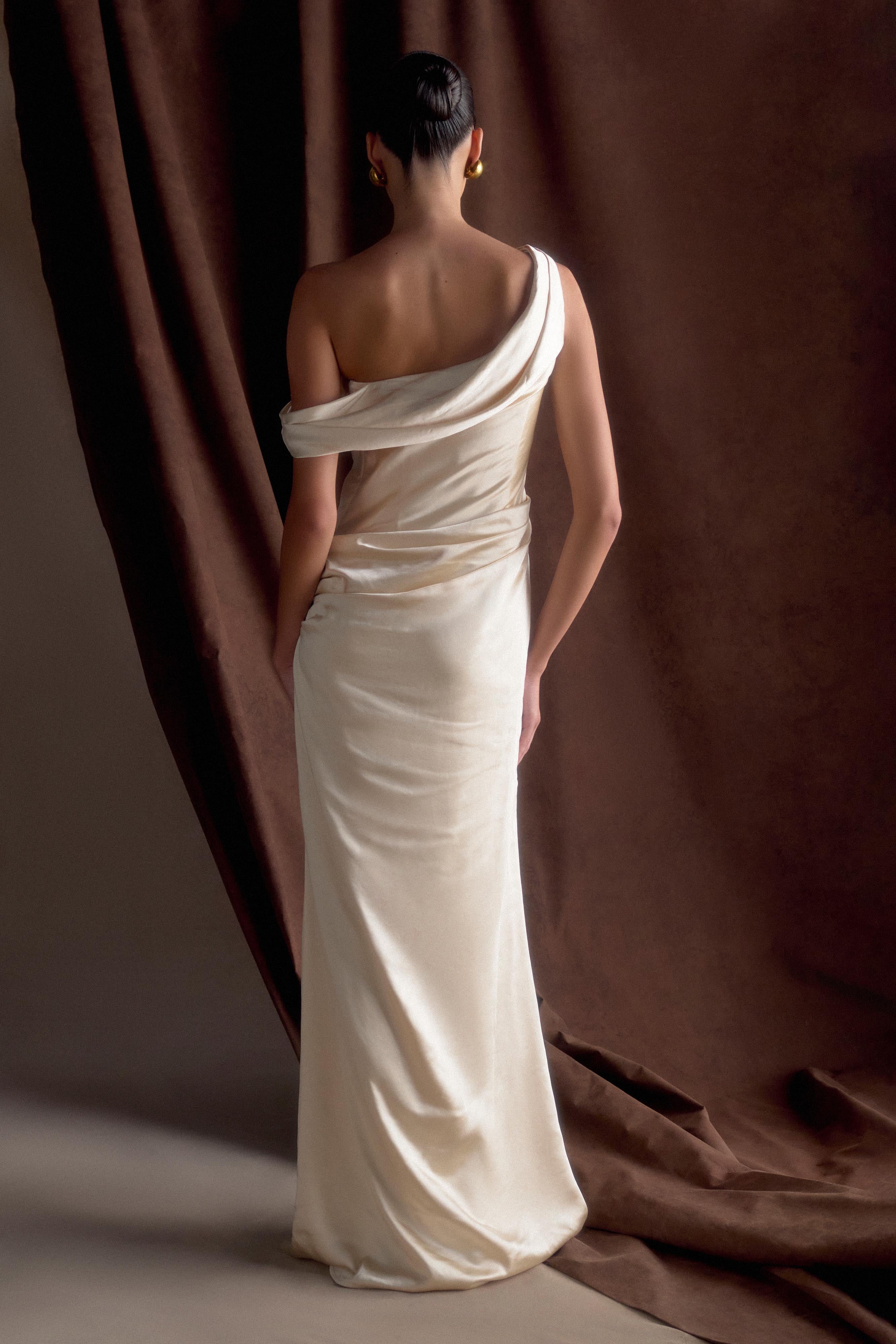 Off Shoulder Satin Maxi Dress with Boned Bodice | Dalia