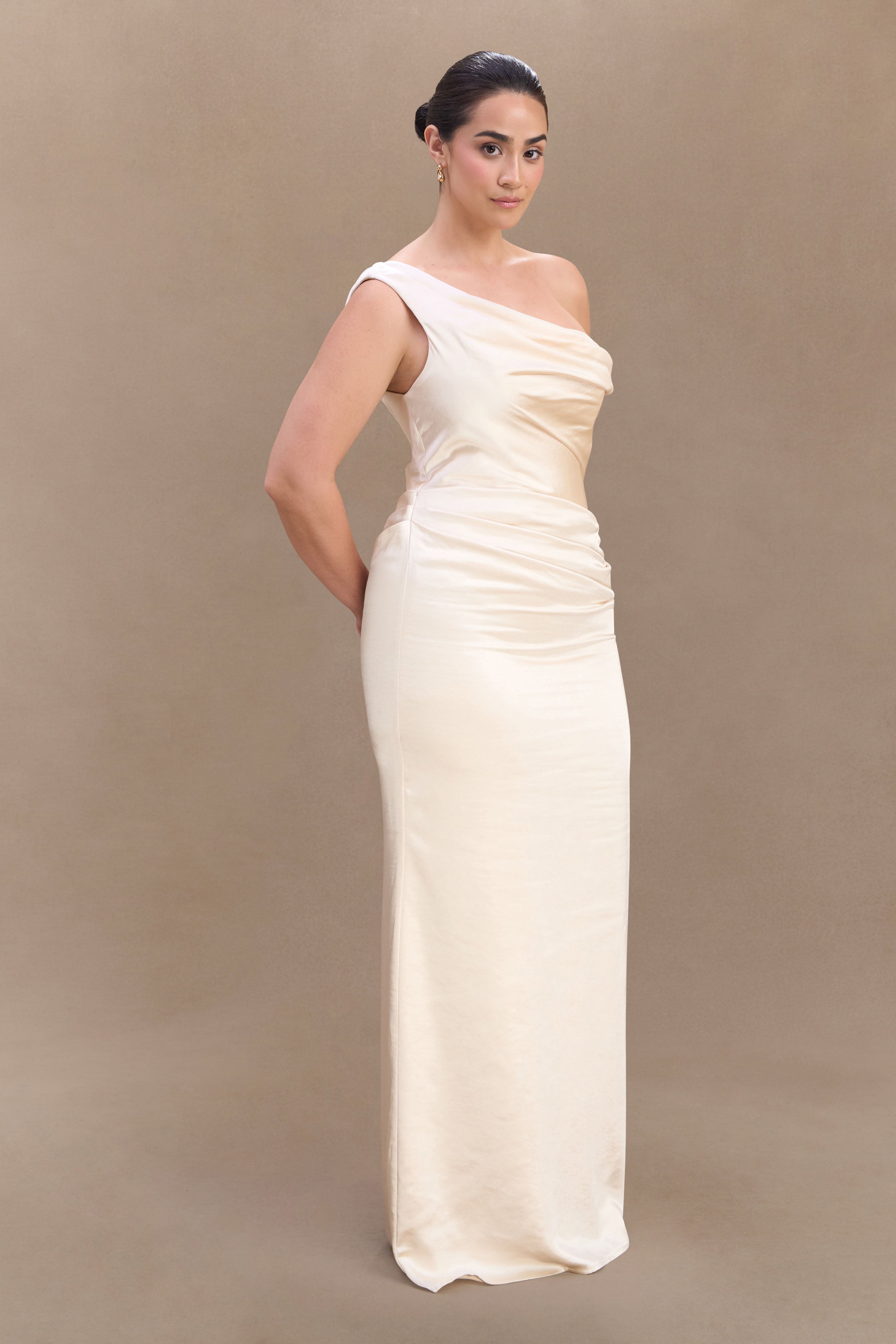 Off Shoulder Satin Maxi Dress with Boned Bodice | Dalia