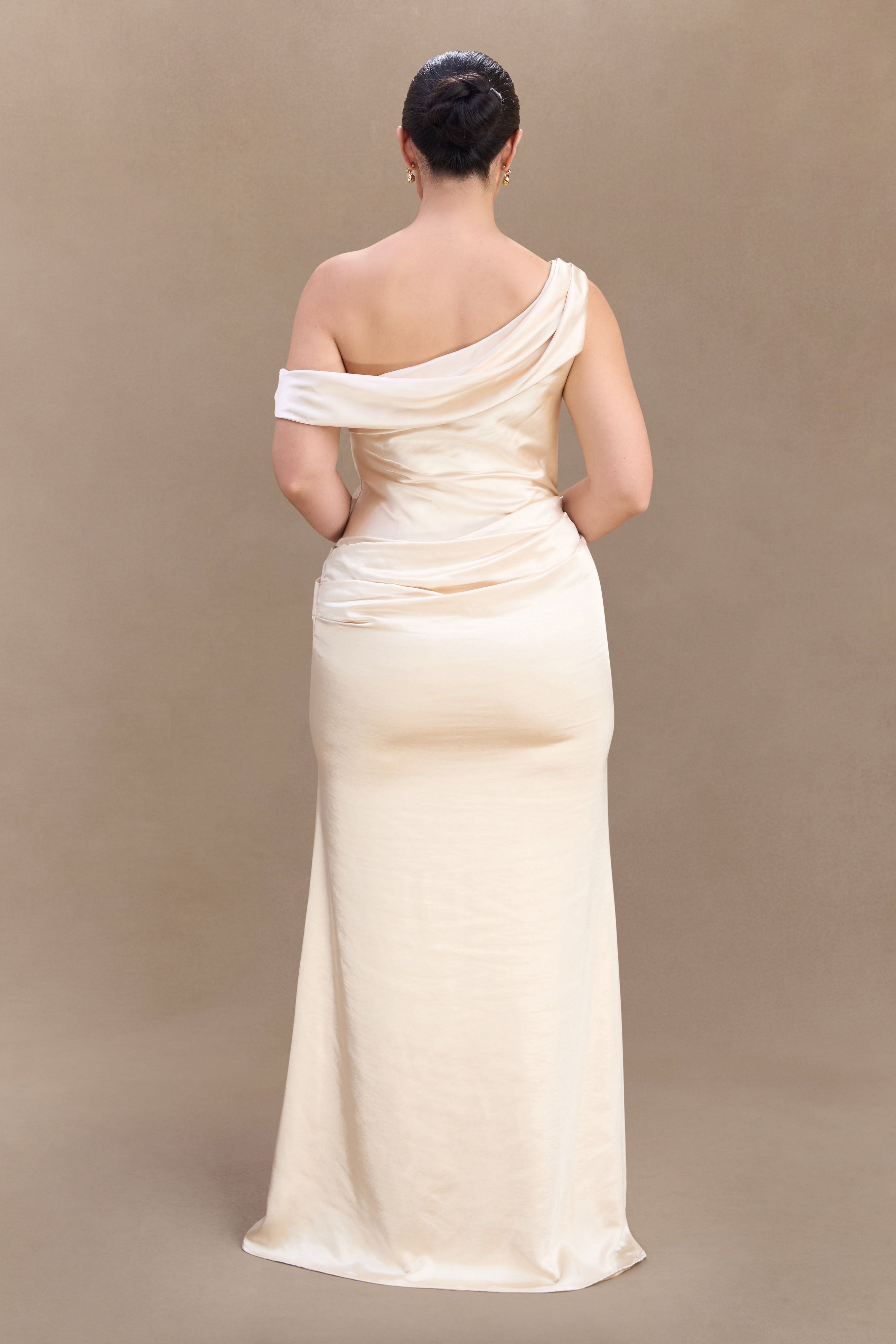 Off Shoulder Satin Maxi Dress with Boned Bodice | Dalia