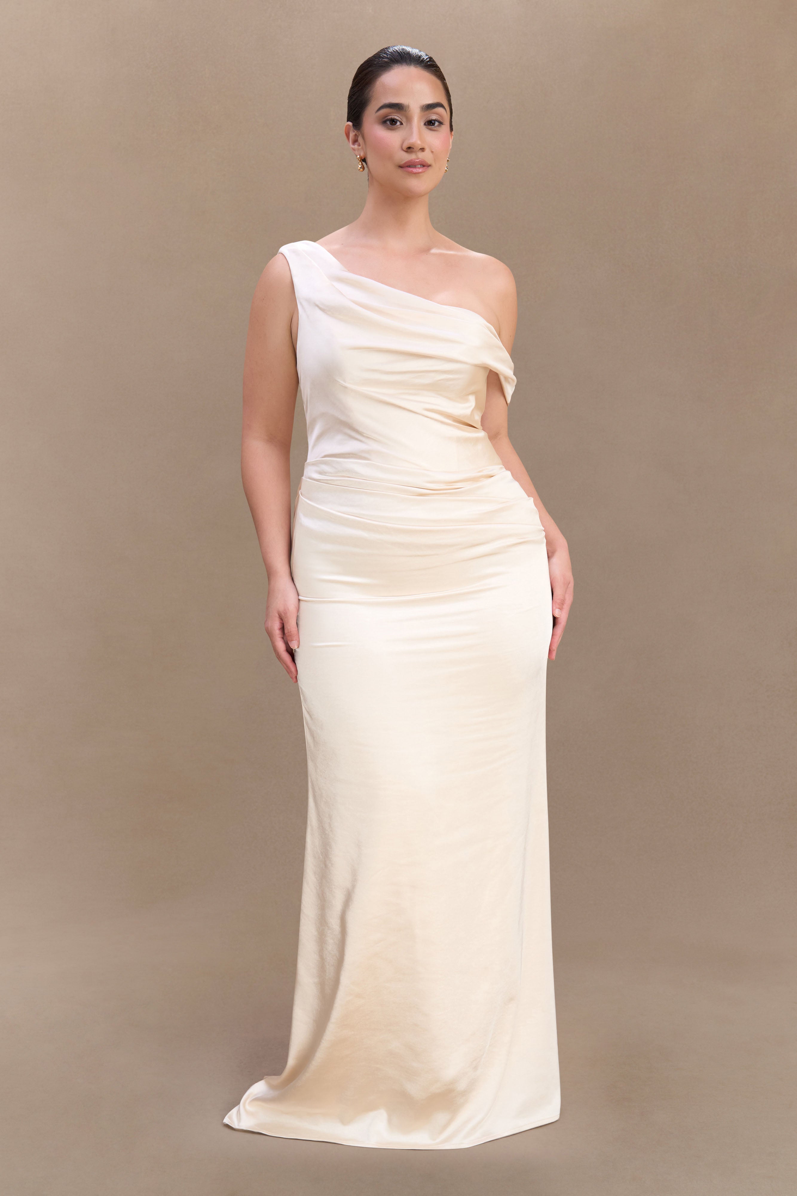 Off Shoulder Satin Maxi Dress with Boned Bodice | Dalia