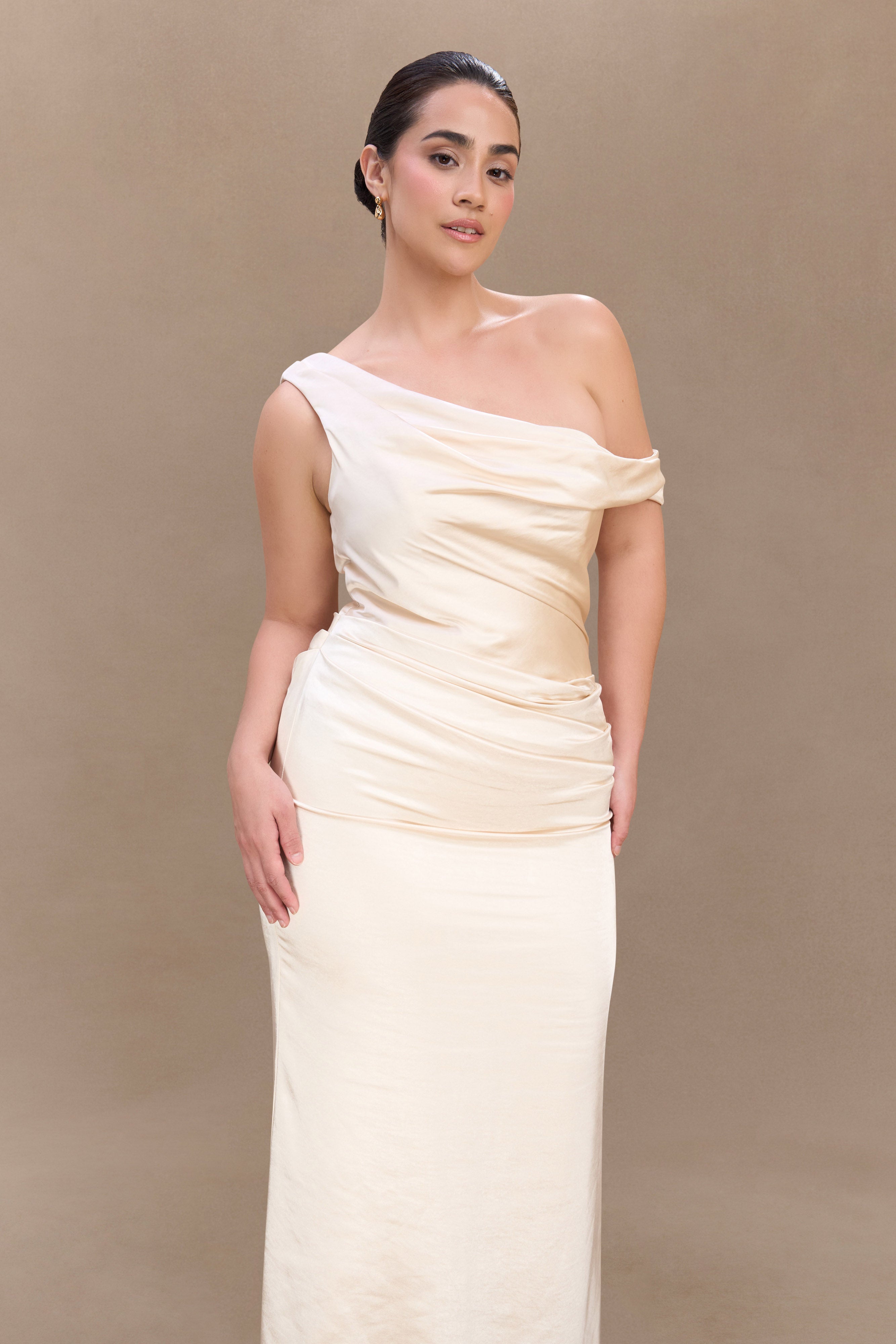 Off Shoulder Satin Maxi Dress with Boned Bodice | Dalia