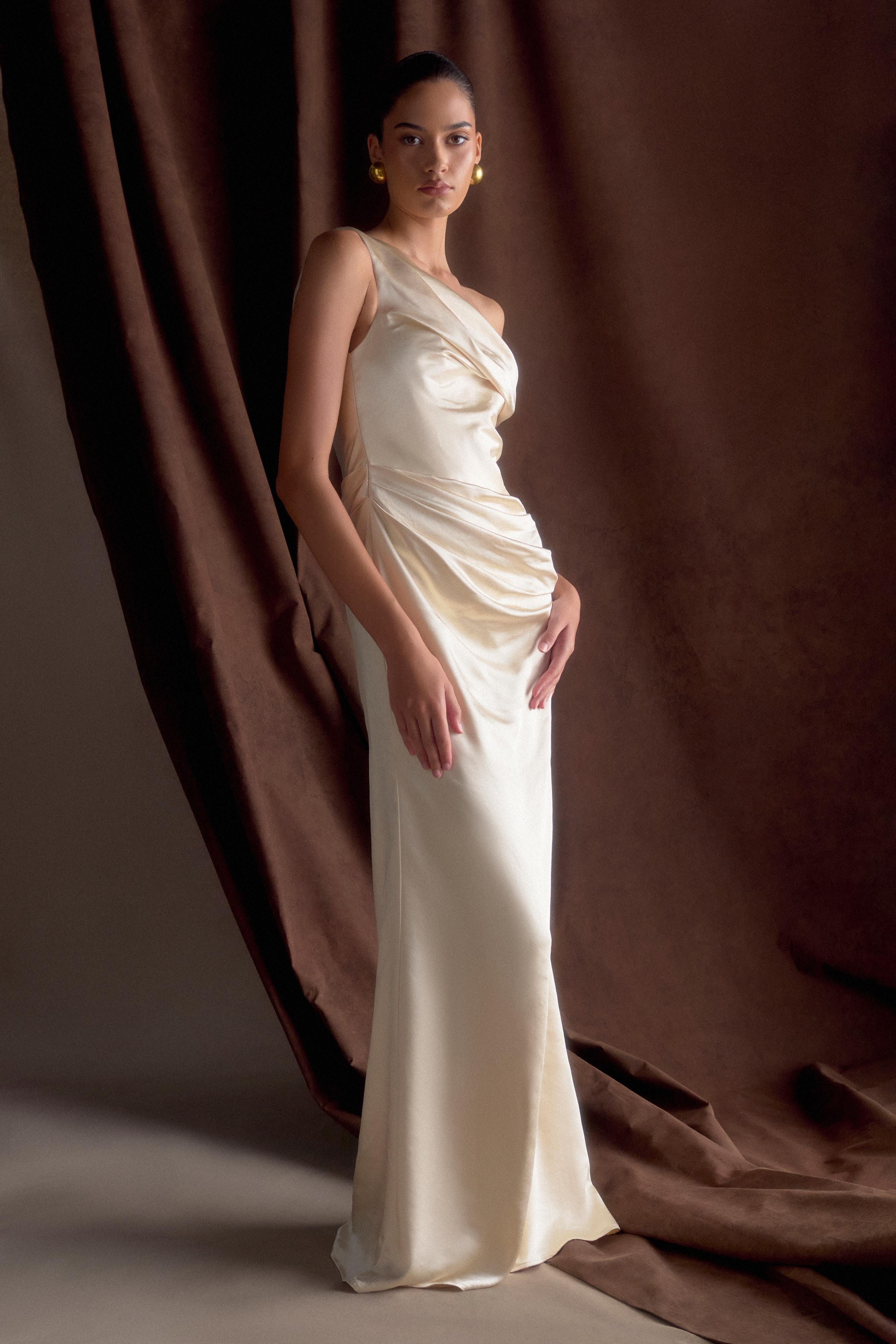 Off Shoulder Satin Maxi Dress with Boned Bodice | Dalia