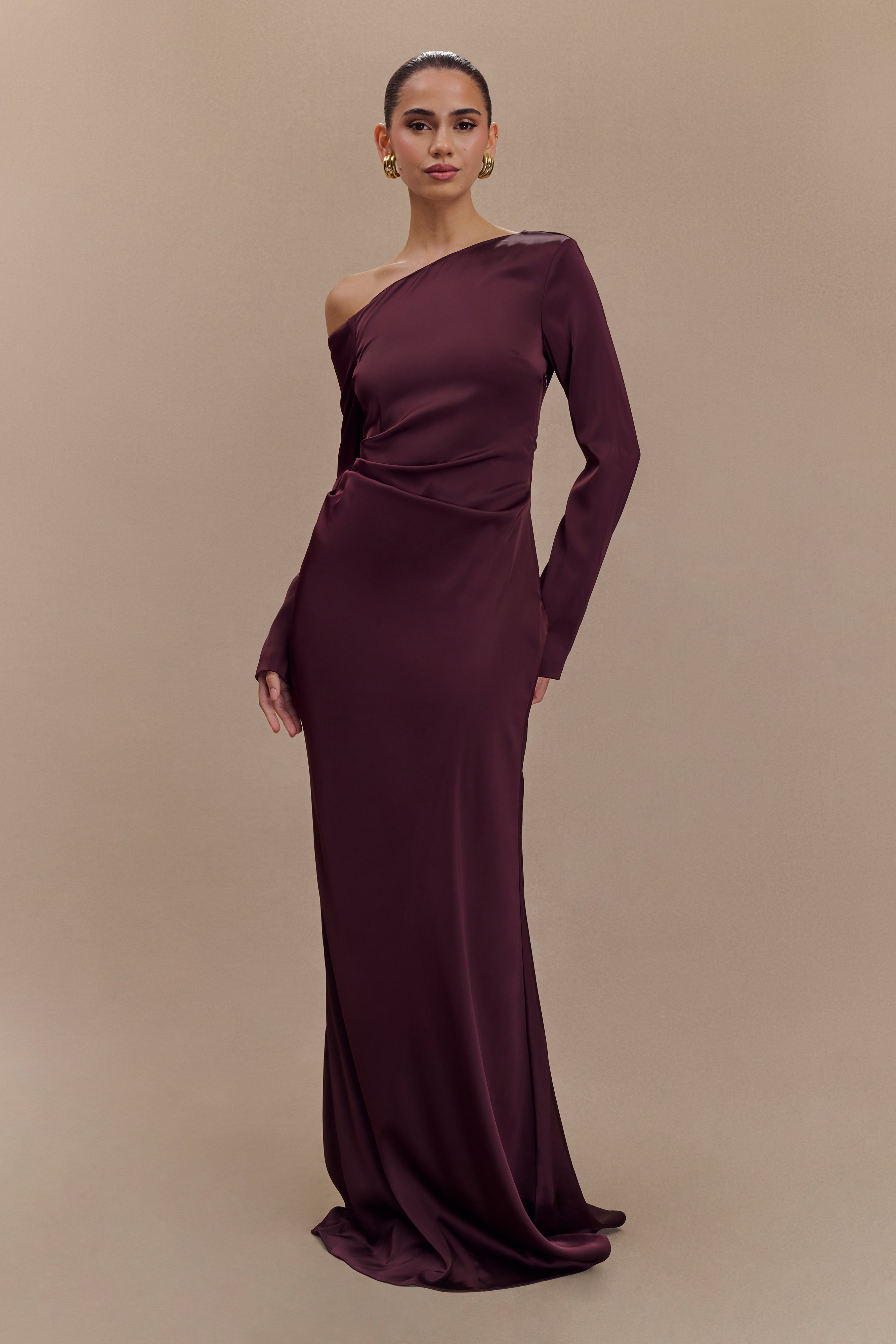 Elegant Long Sleeve Maxi Dress with Asymmetrical Neckline | Avery