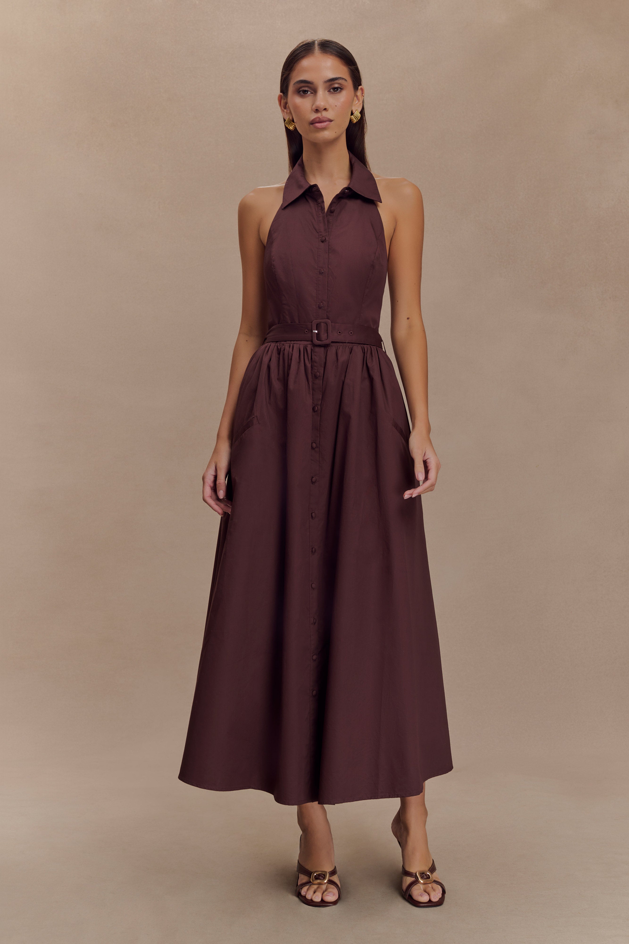 Vintage Collared Midi Dress with Belt - Cindy | Halter Neck & A-Line Fit