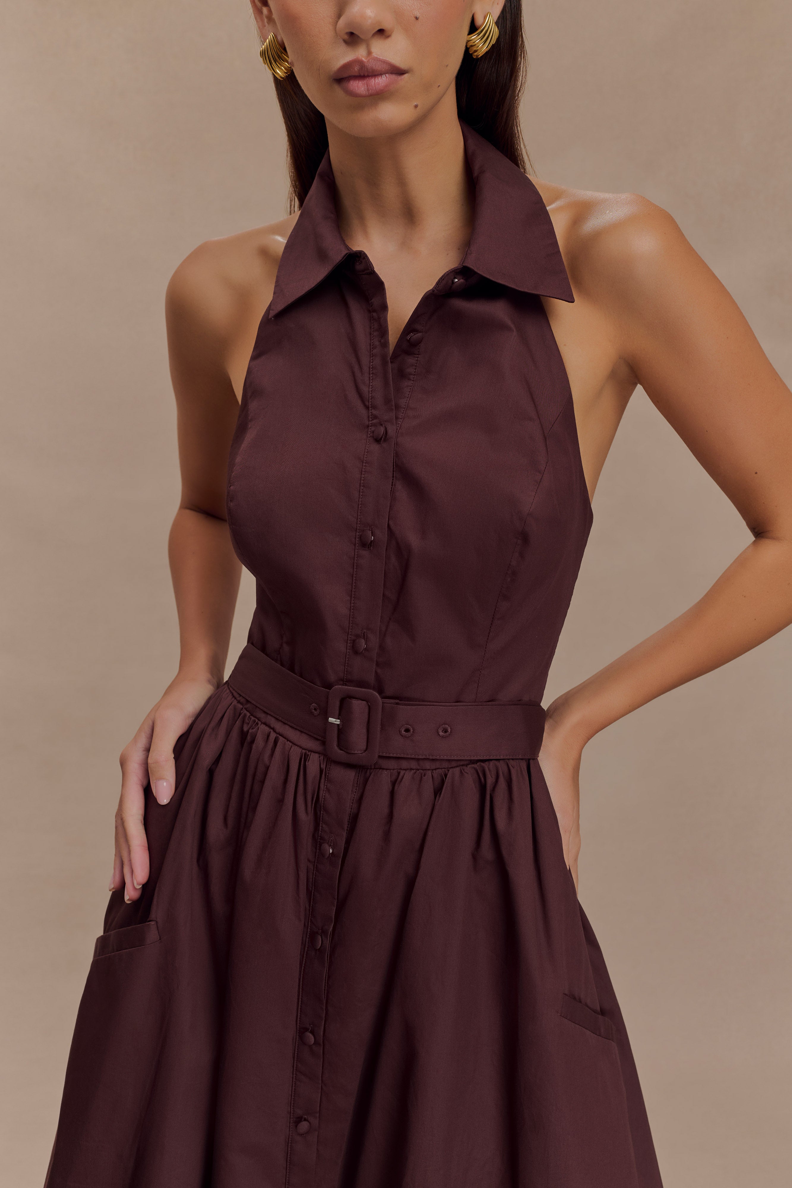 Vintage Collared Midi Dress with Belt - Cindy | Halter Neck & A-Line Fit