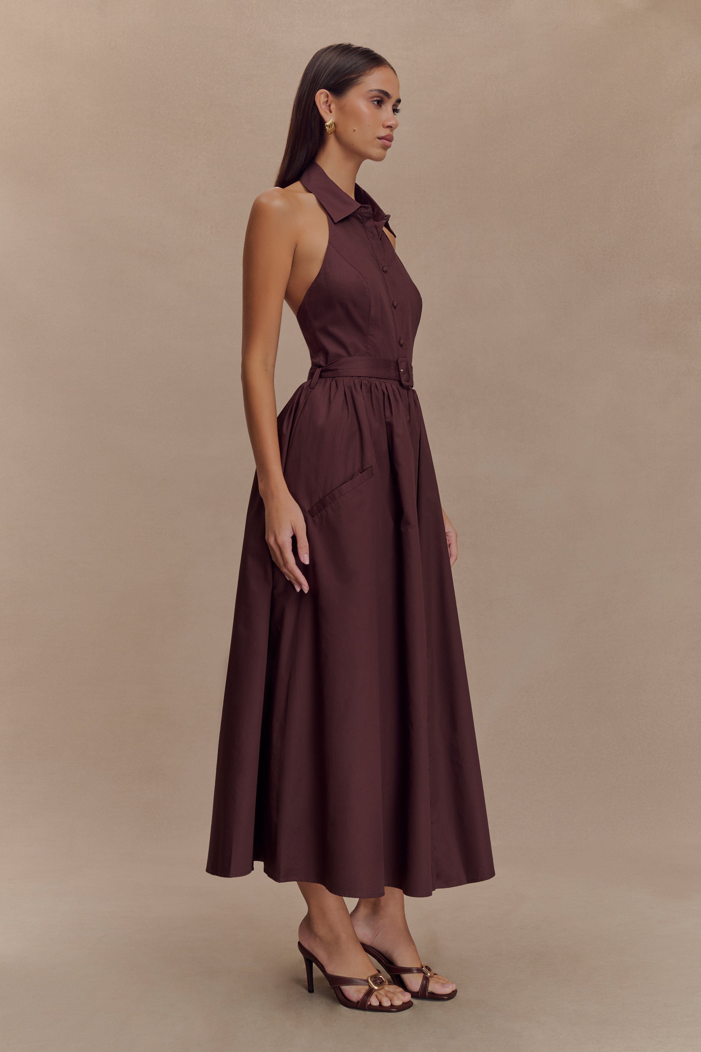 Vintage Collared Midi Dress with Belt - Cindy | Halter Neck & A-Line Fit