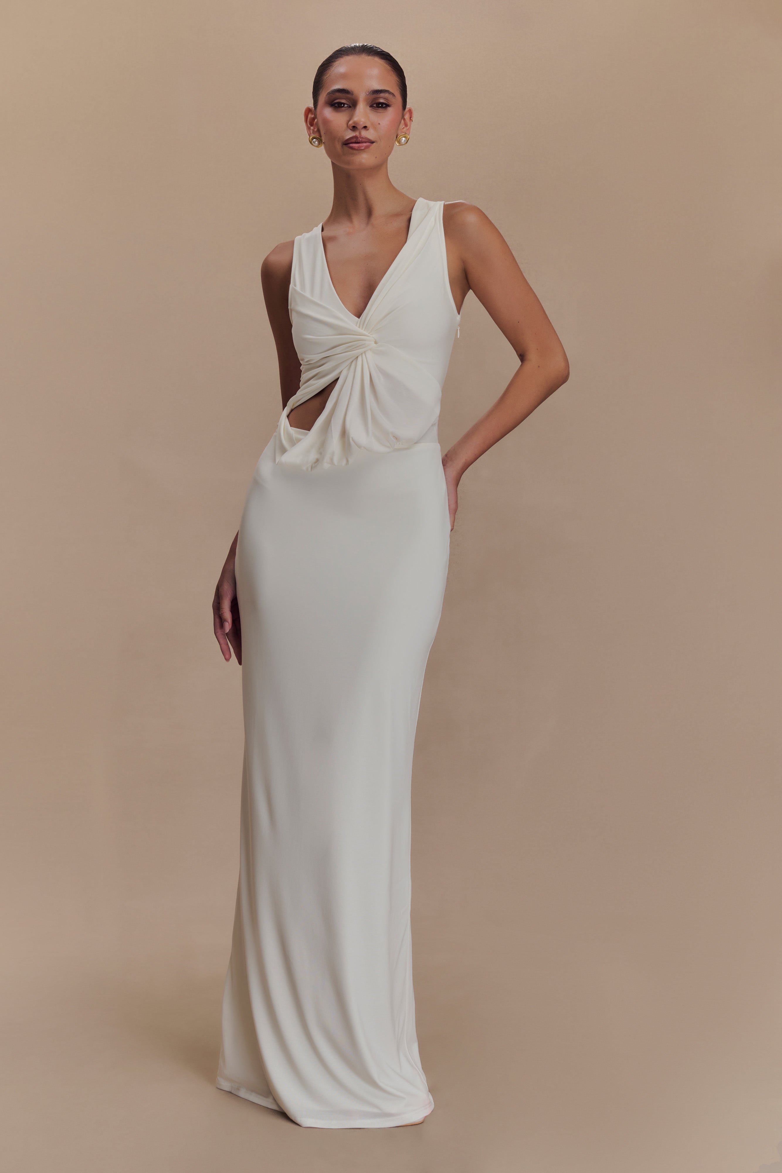Peached Jersey Maxi Dress with Twist Neckline | Kassidy Ivory
