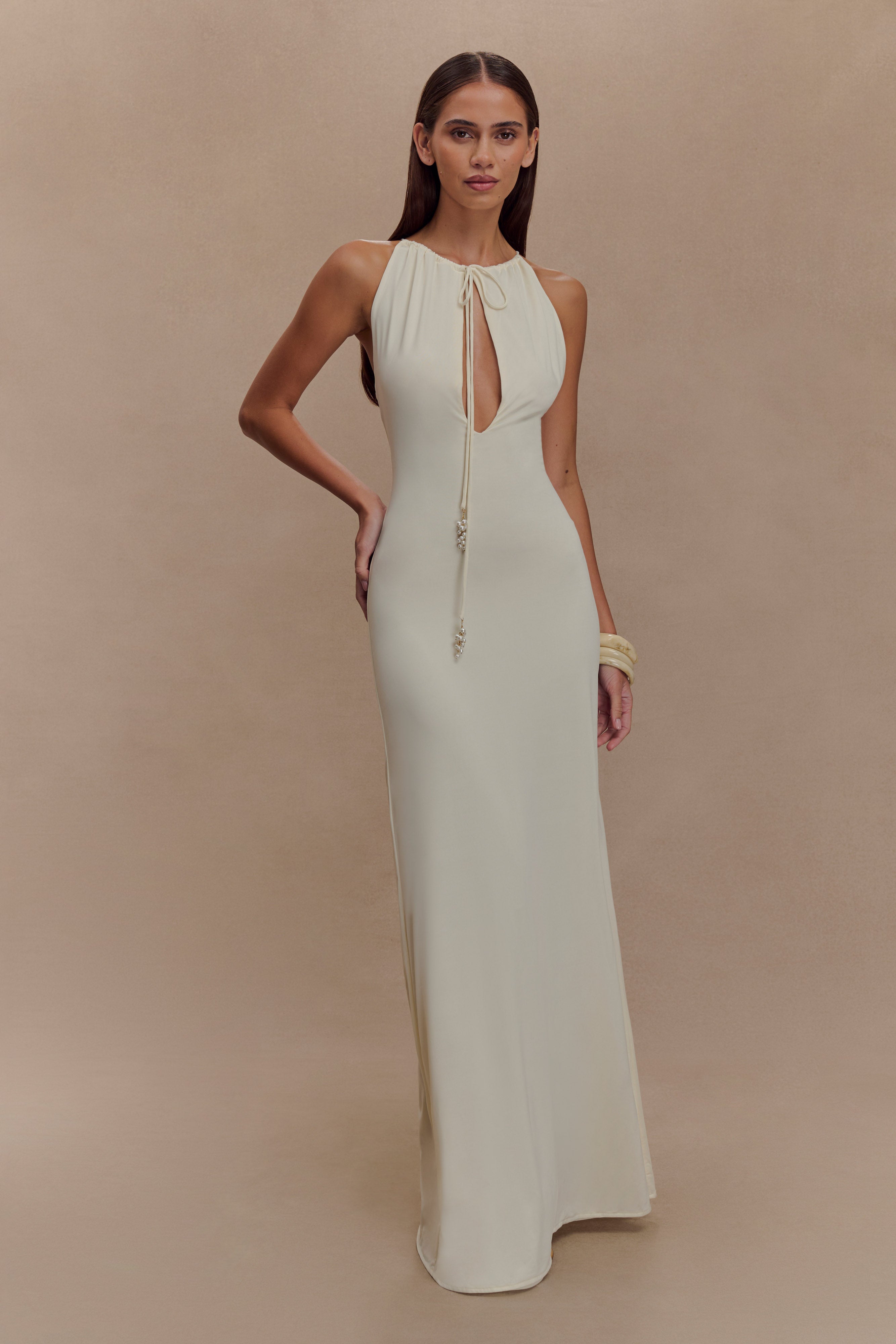 Elegant Pearl Embellished Maxi Dress with Deep V Neck | Beryl