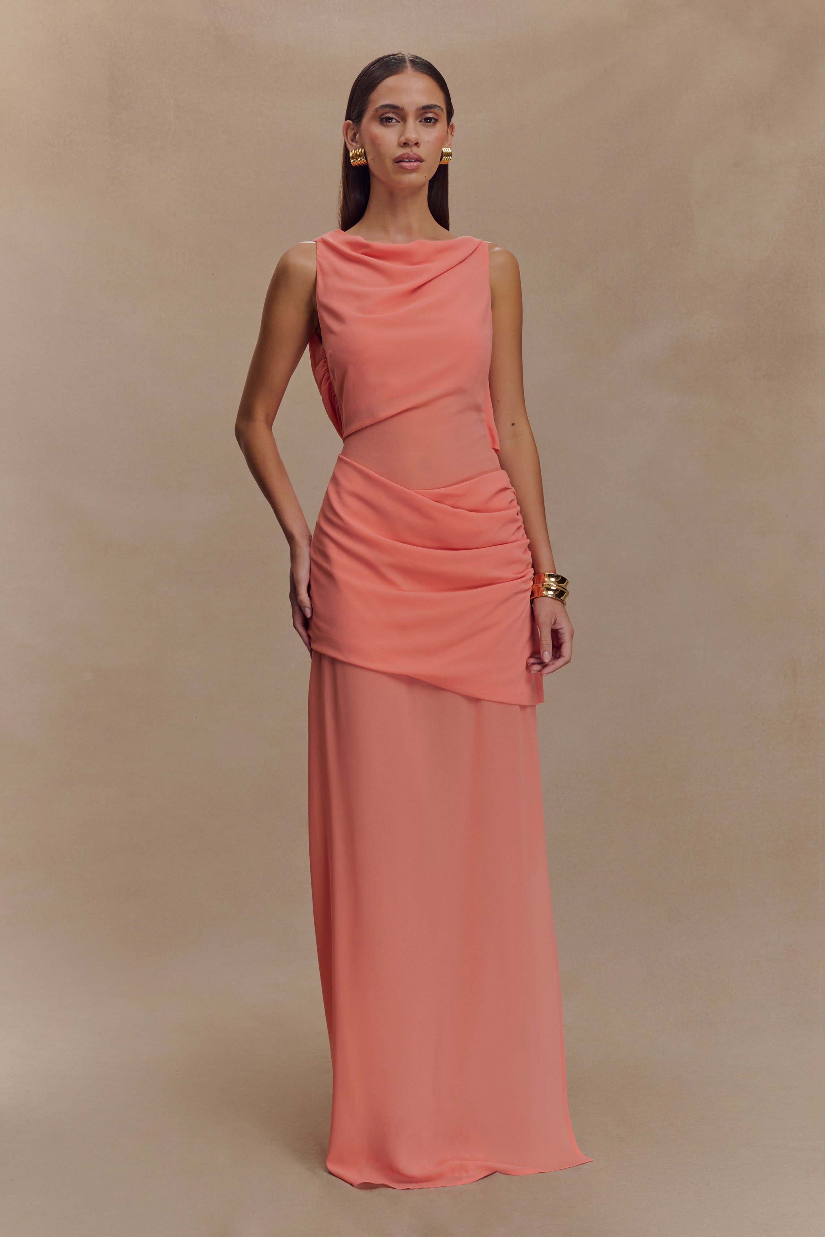 Chiffon Maxi Dress with Low Back & Draped Detail | Daria Pastel Nectarine
