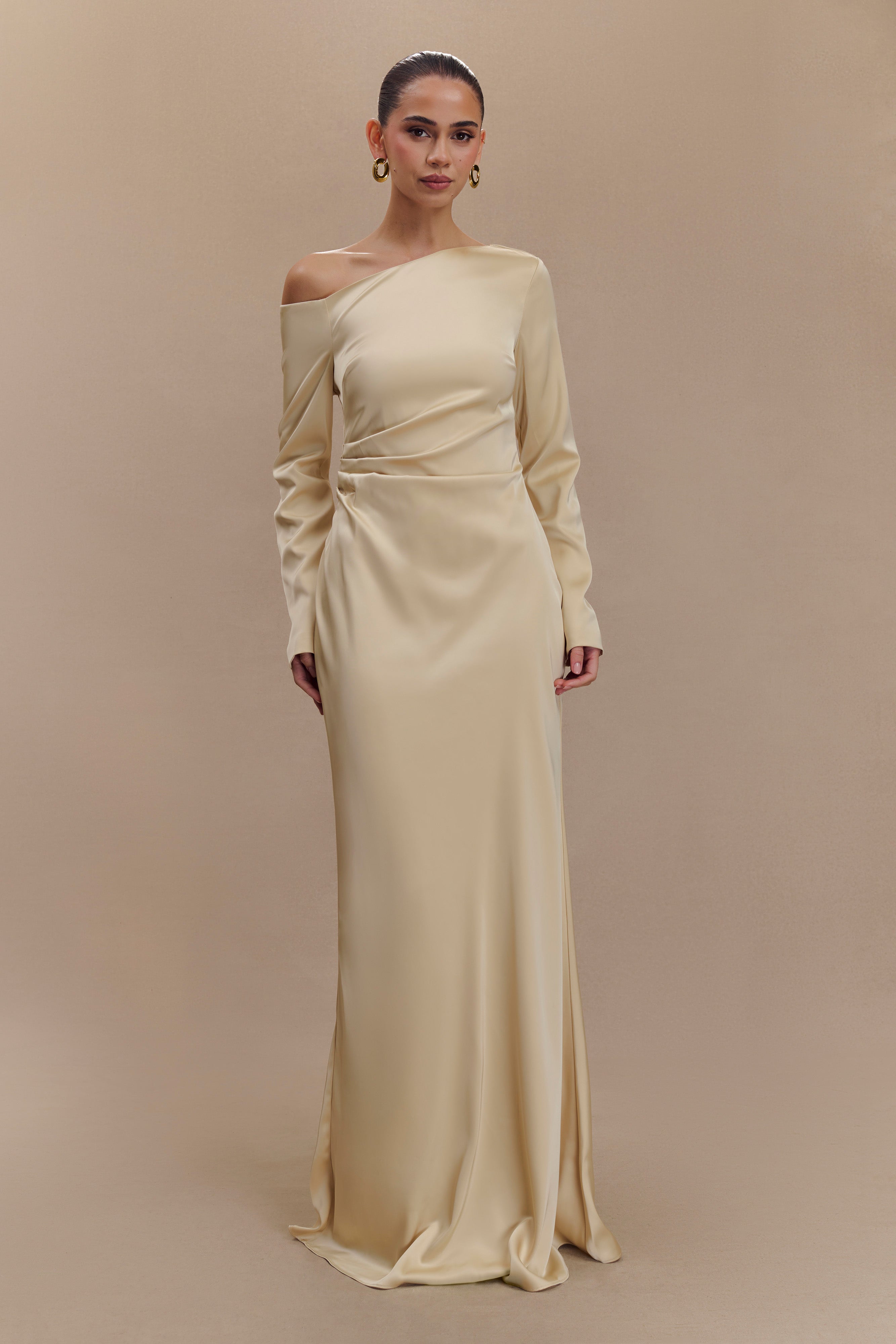 Elegant Long Sleeve Maxi Dress with Asymmetrical Neckline | Avery Gold