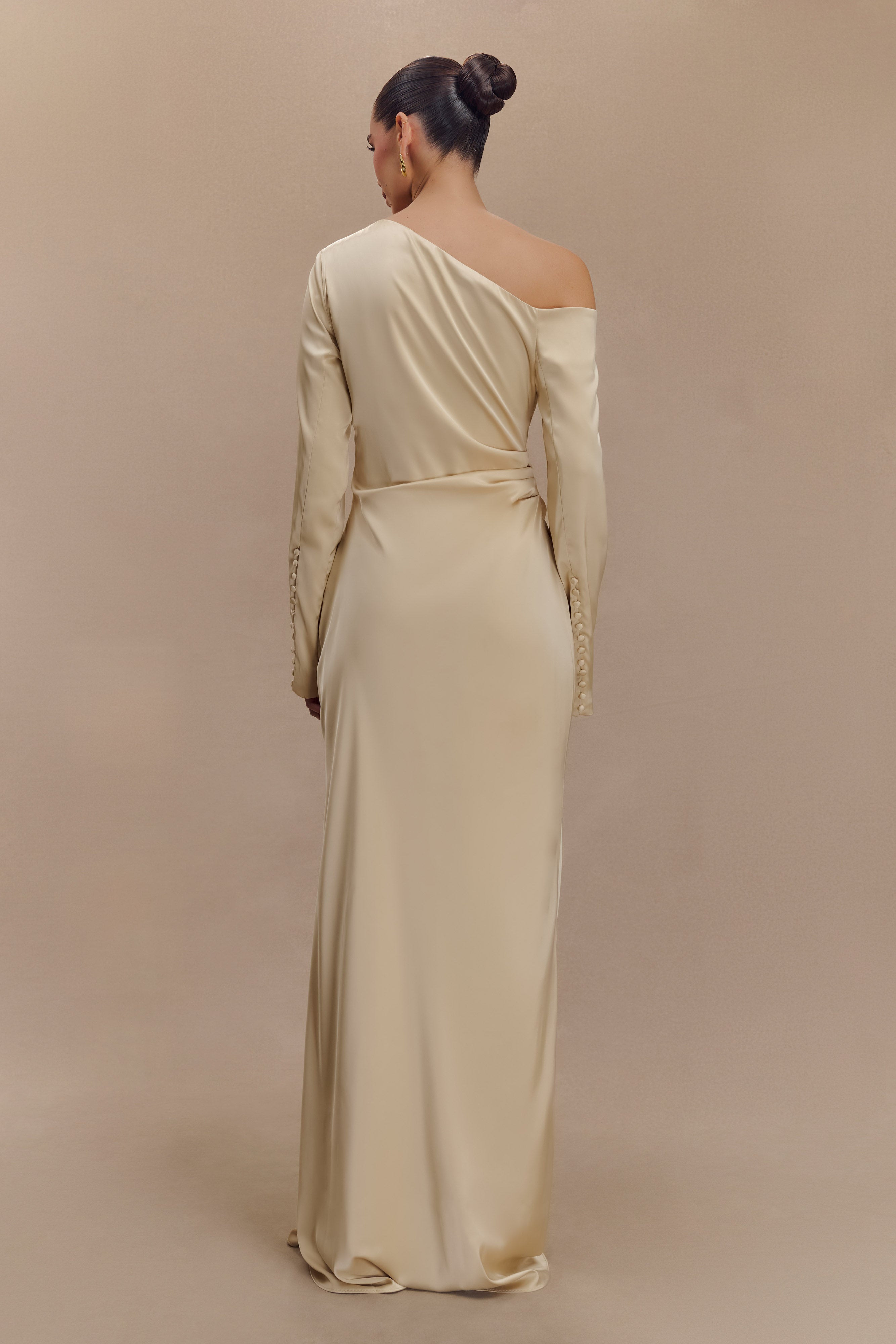 Elegant Long Sleeve Maxi Dress with Asymmetrical Neckline | Avery Gold