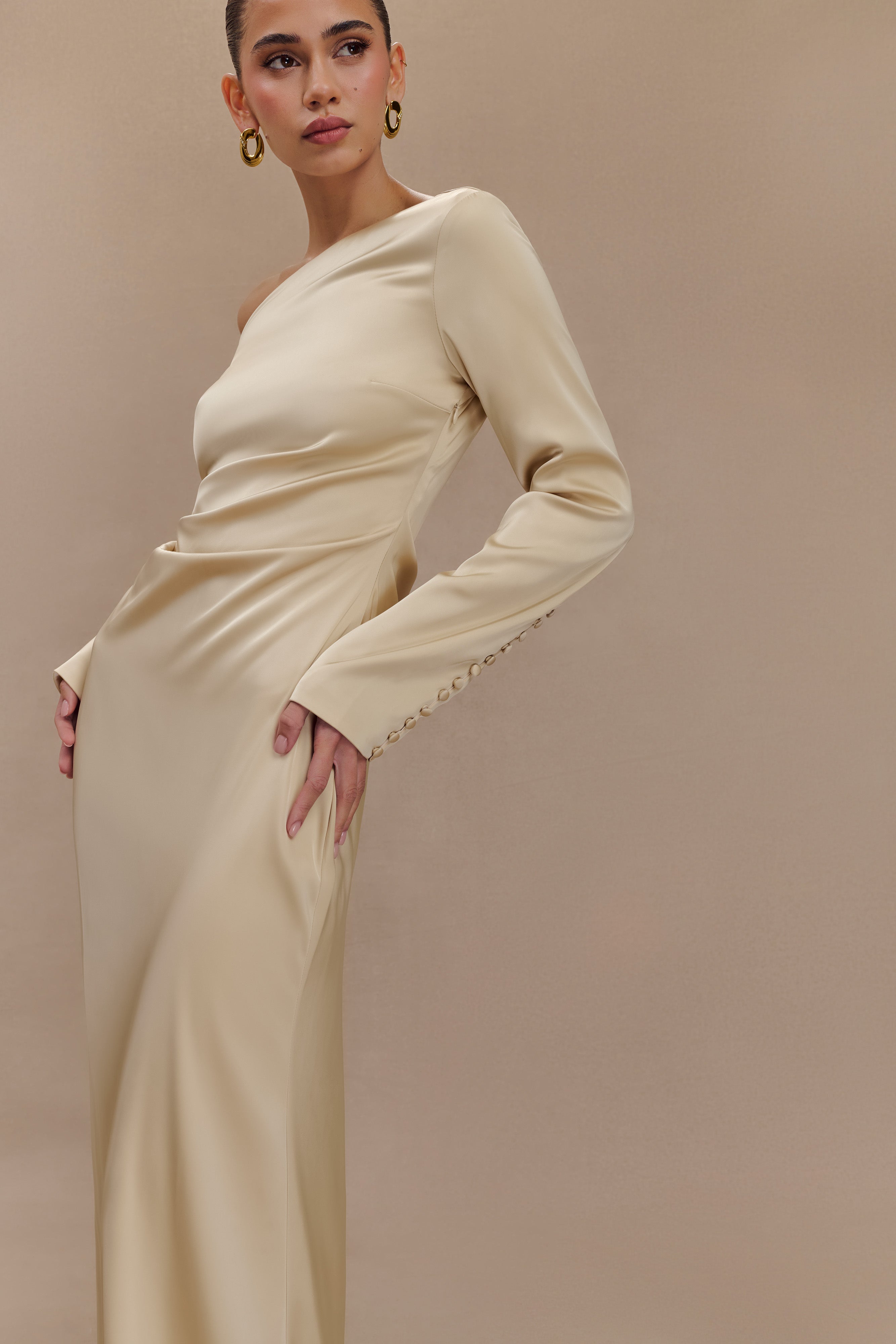 Elegant Long Sleeve Maxi Dress with Asymmetrical Neckline | Avery Gold