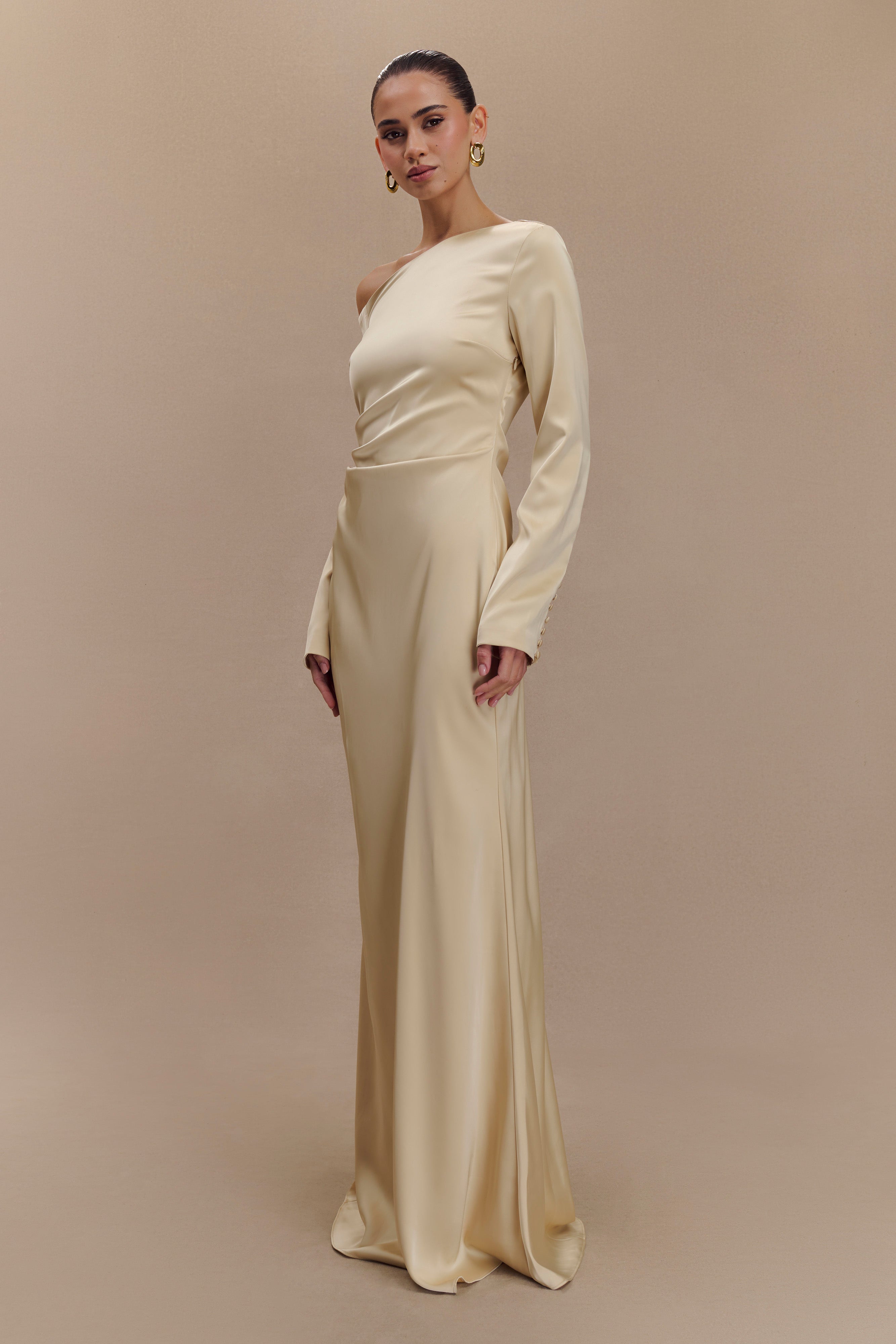 Elegant Long Sleeve Maxi Dress with Asymmetrical Neckline | Avery Gold